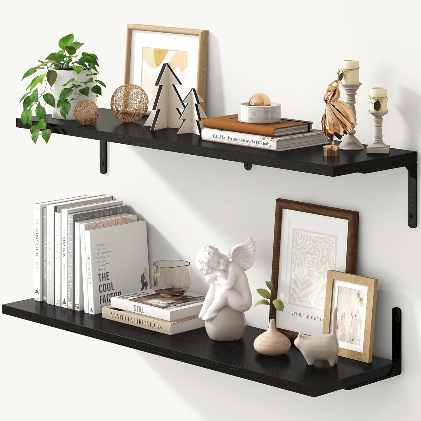 Fun Memories Deep Floating Shelves, 36W x 8D Floating Shelves Set of 2, Wall Mounted Shelf with Metal Brackets, Rustic Wood Wall Shelf for Bathroom, Kitchen and Living Room, Black