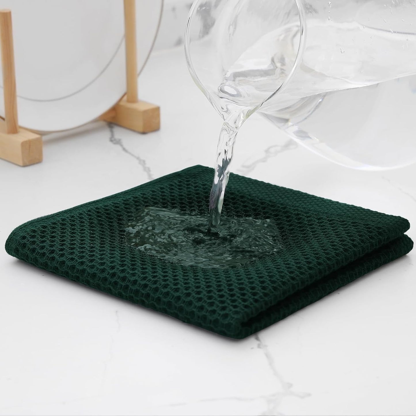 Kitinjoy 100% Cotton Kitchen Dish Cloths, 6 Pack Waffle Weave Ultra Soft Absorbent Dish Towels for Drying Dishes Quick Drying Kitchen Towels Dish Rags, 12 X 12 Inches, Blackish Green