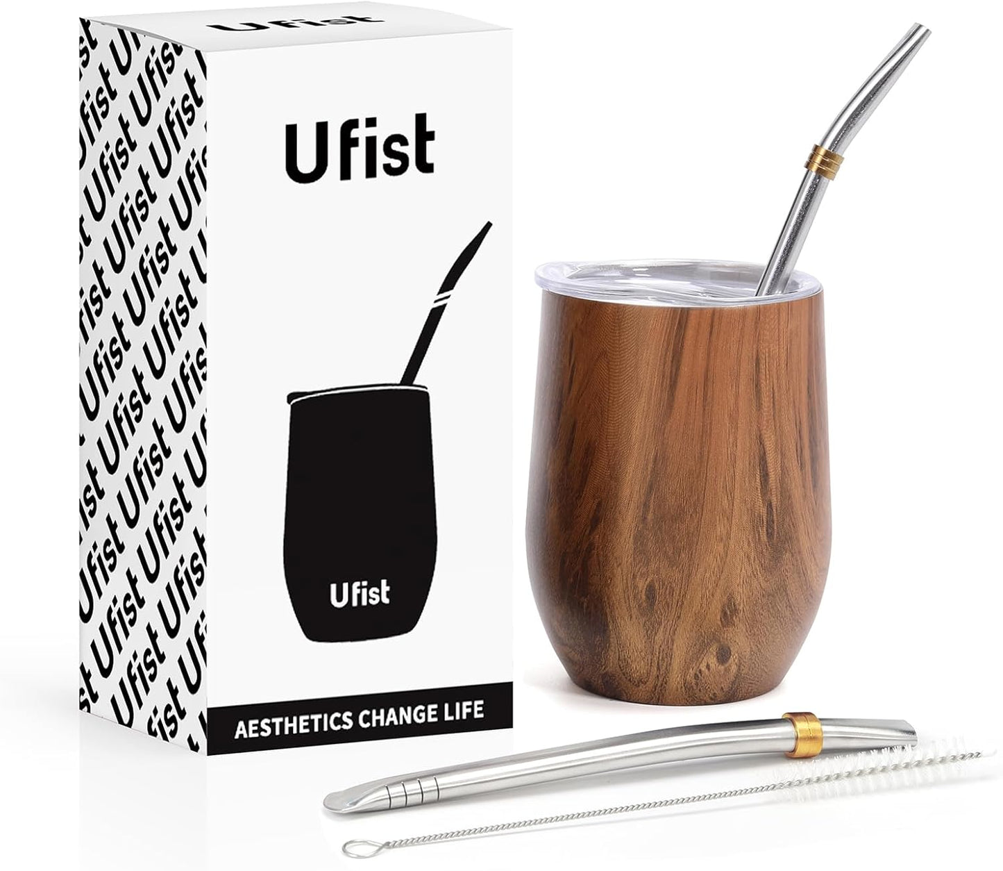 Yerba Mate Cup with Lid, 2 Bombillas, Cleaning Brush, 11.8oz Stainless Steel Double-Wall Insulated Gourd (Wood)