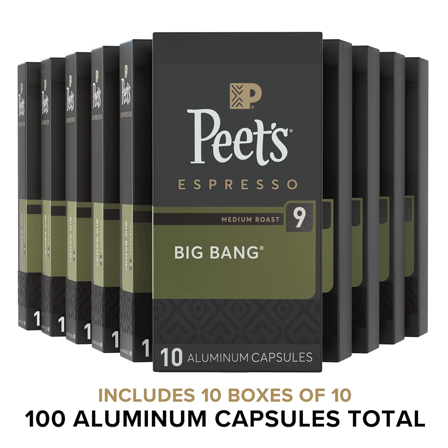 Peet's Coffee, Medium Roast Espresso Capsules, Compatible with Nespresso Original Machines - Big Bang, Intensity 9, 100 Count (10 Boxes of 10 Espresso Capsules)