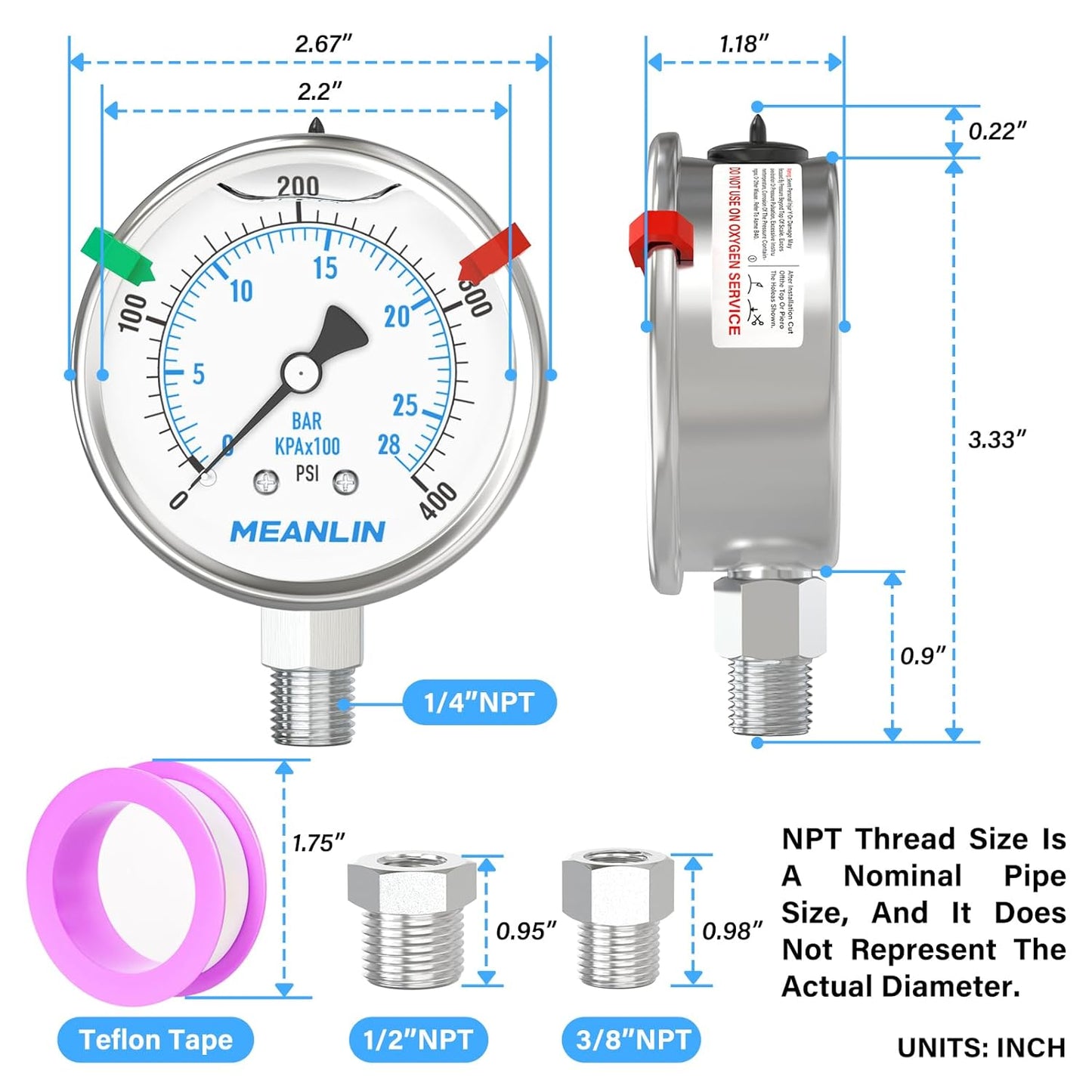 MEANLIN MEASURE 0~400Psi Stainless Steel Liquid Filled Pressure Gauge 2.5" FACE DIAL 1/4" NPT for Air Compressor Air Regulator Water Filter Lower Mount with Stainless Steel Hex Bushing and Snaps
