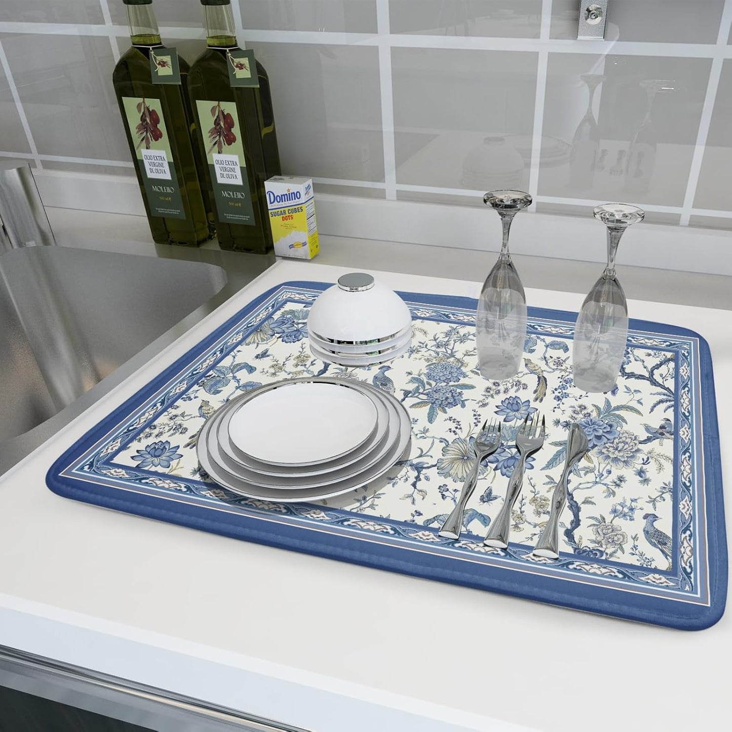 Giwawa Chinoiserie Dish Drying Mat 18x24in Blue White Oriental Floral Birds Kitchen Drainer Mats Porcelain Flowers Absorbent Microfiber Dish Drying Pad Large for Countertop Home Decor