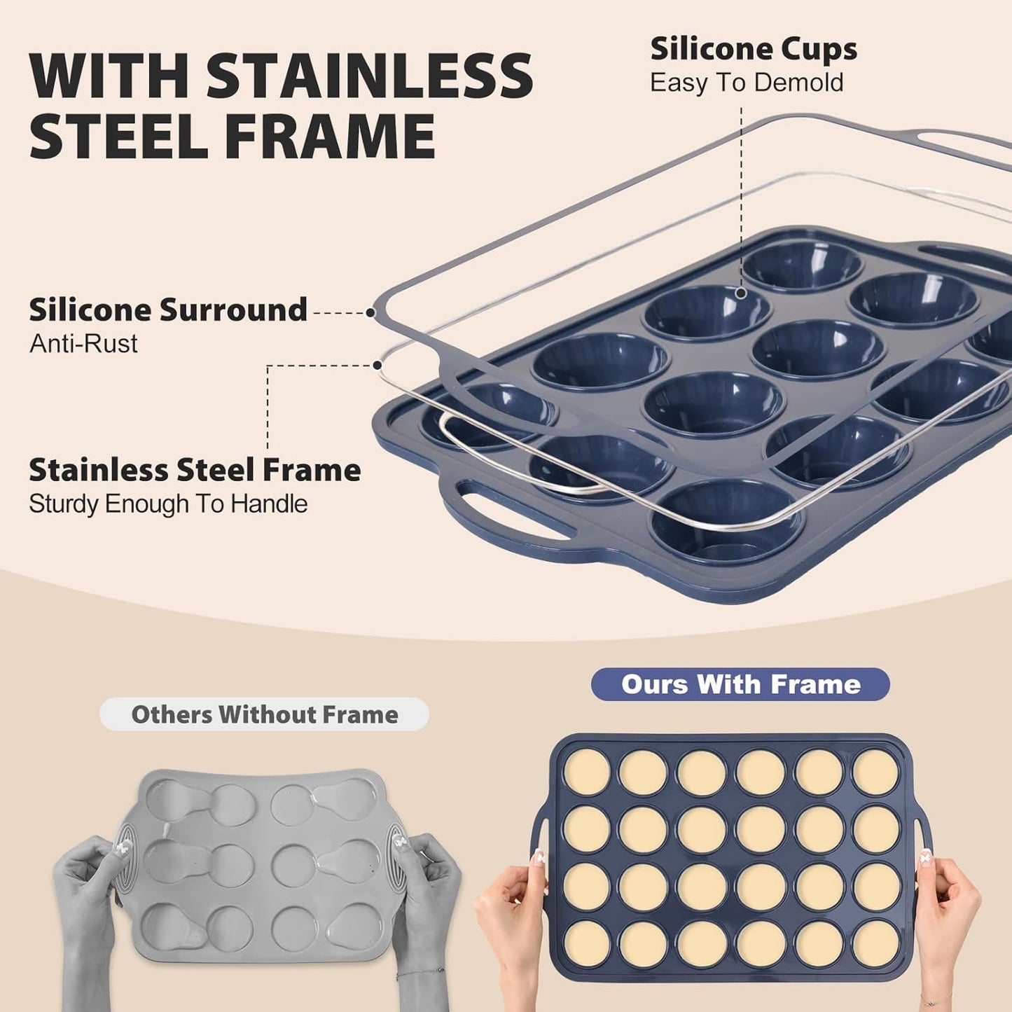 2 Pack Silicone Muffin Pan 12 and 24 Cup with Metal Frame,Non Stick Silicone Mini Cupcake Pan with Handles, BPA Free Silicon Regular Muffin Tin Tray Small for baking, egg bites, Mold Grey