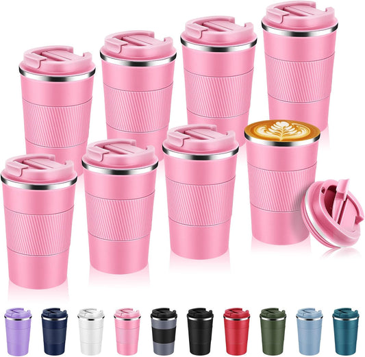 Volhoply 13 oz Stainless Steel Insulated Travel Coffee Mug with Fip Lid Bulk 8 Pack,Reusable Double Wall Vacuum Metal Coffee Cup,Portable Leak Proof Thermal Tumbler for Hot & Cold Drinks(Pink,8)