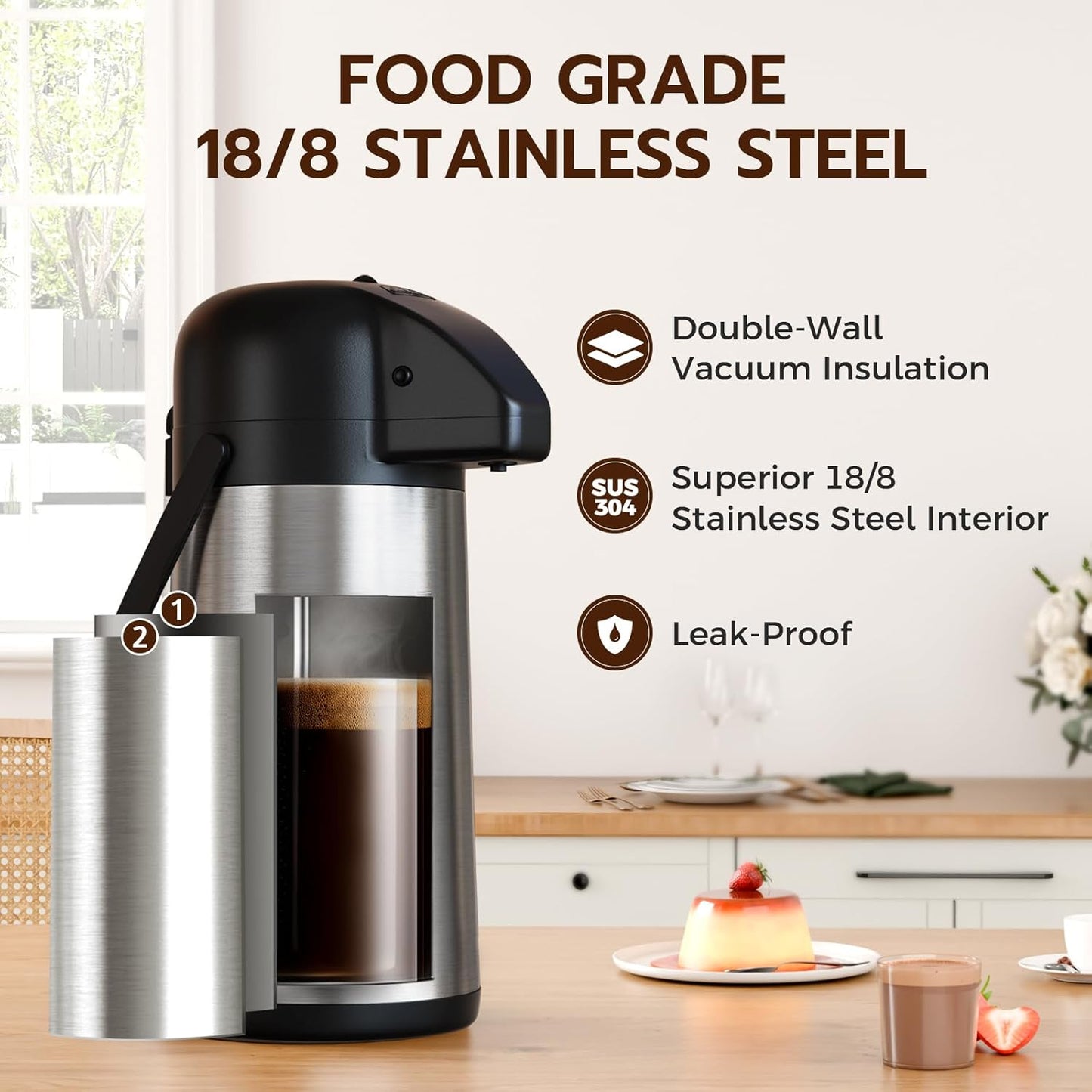 Coffee Carafe for Keeping Hot - 85OZ / 2.5L Airpot Coffee Dispenser with Pump - Large Coffee Thermos for Hot Drinks Tea Liquid - Insulated Stainless Steel Hot Water Beverage Dispenser Urn for Parties
