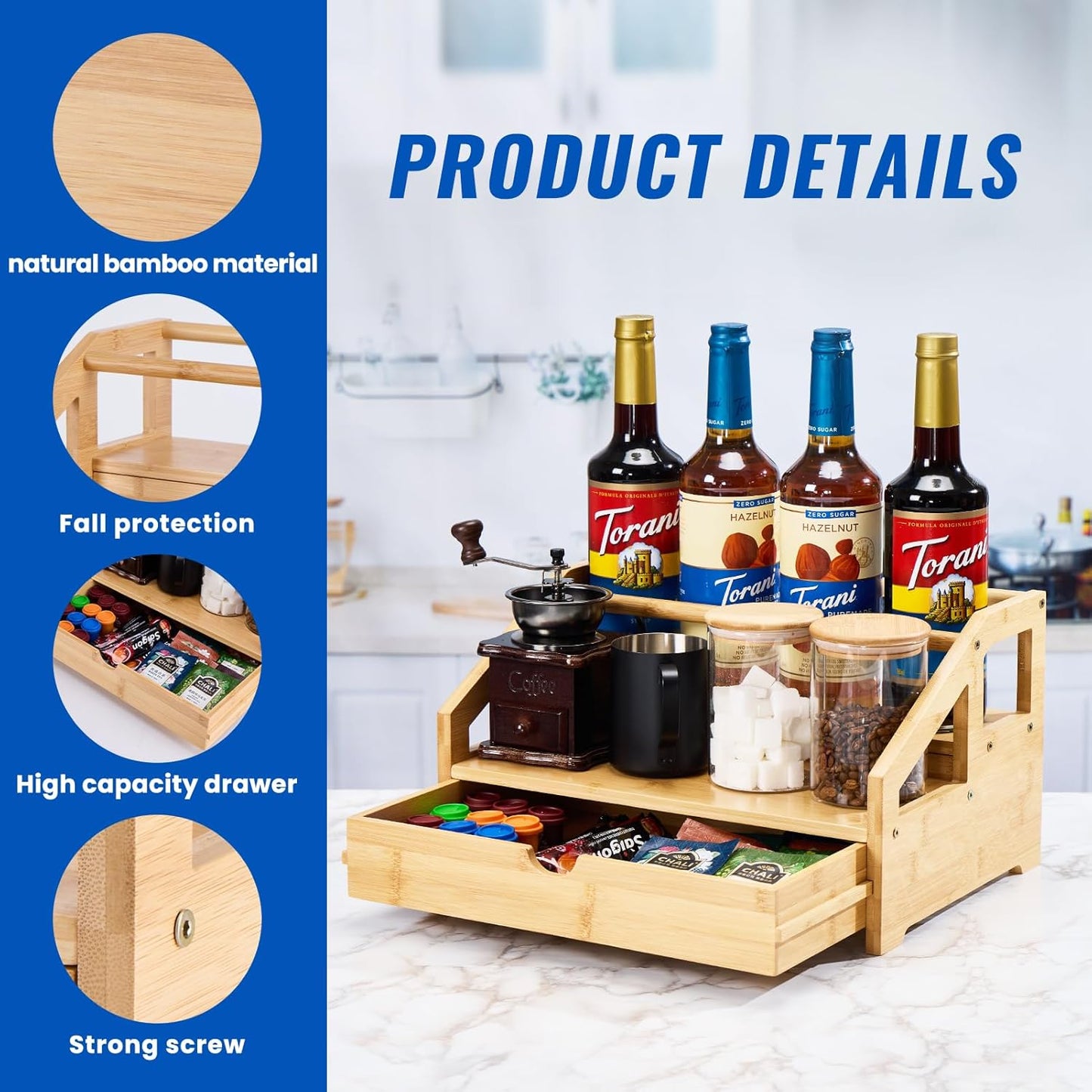 Bamboo Coffee Syrup Rack Organizer 3 Tier Rack with Cup Storage Box, Bottle Holder Stand for Syrups, Dressings, Kitchen Coffee Station, Natural