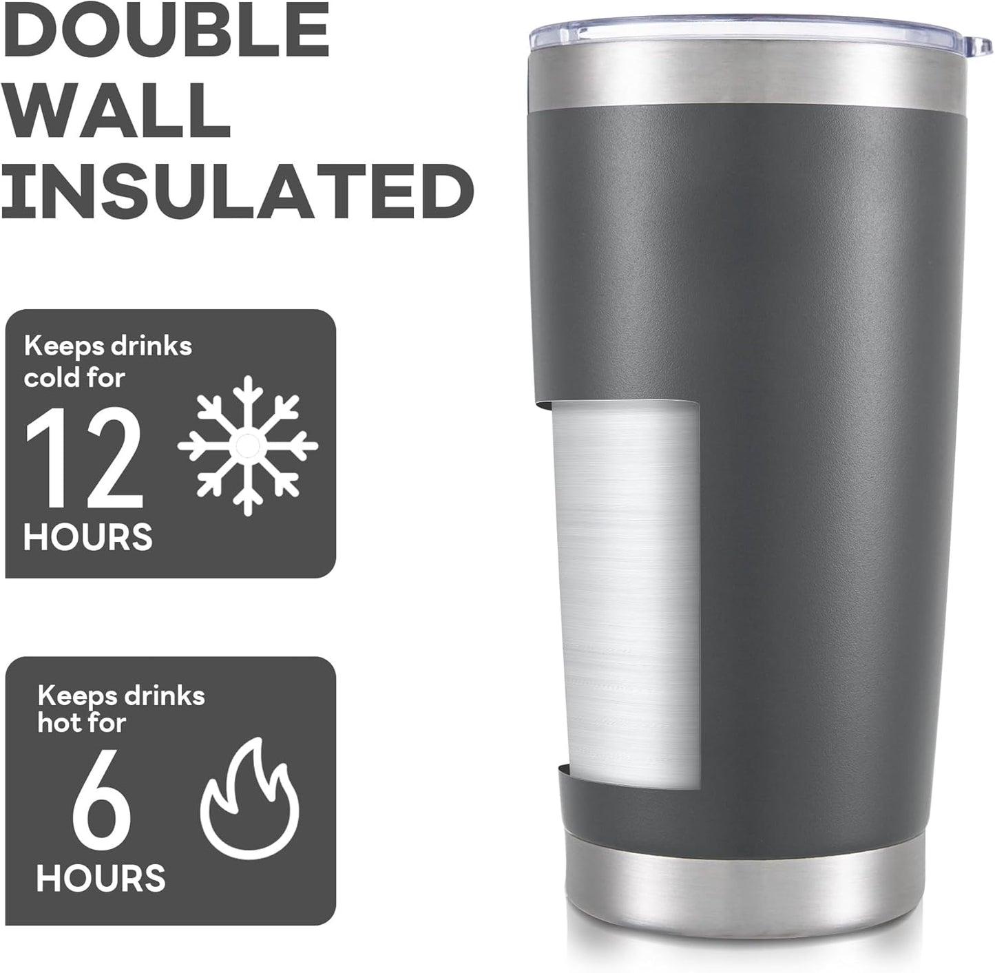 20 oz Tumbler with Lid Stainless Steel Insulated Tumblers Bulk Double Wall Vacuum Cups Powder Coated Travel Mug Keep Drink Cold and Hot, Grey, 8 Pack
