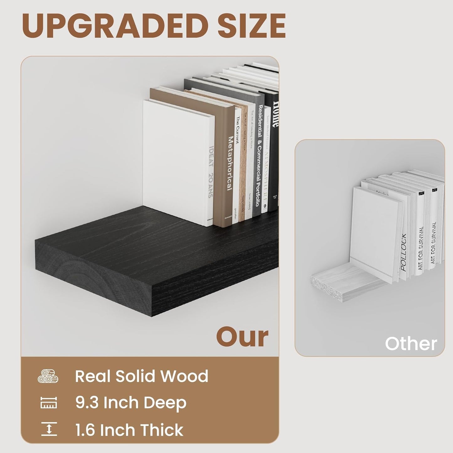 Fun Memories 9 Inch Deep Black Floating Shelves, Farmhouse Rustic Natural Wood Floating Shelf Wall Mounted, 30 x 9 Wall Shelves Set of 2, Deep Black Bathroom Shelves