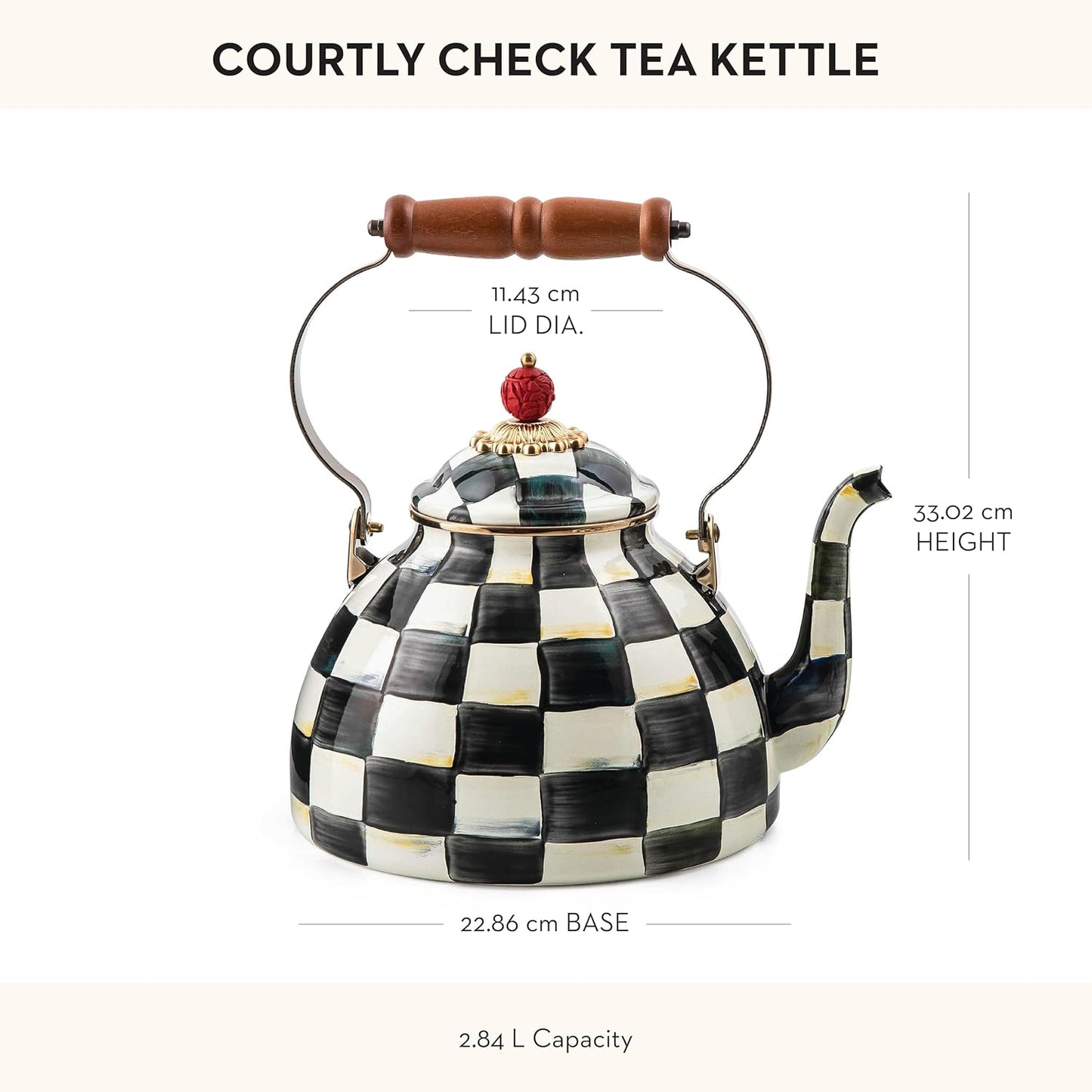 MACKENZIE-CHILDS Enamel Tea Kettle, Stylish Tea Kettle for Stovetop, Black-and-White Courtly Check, 3 Quarts