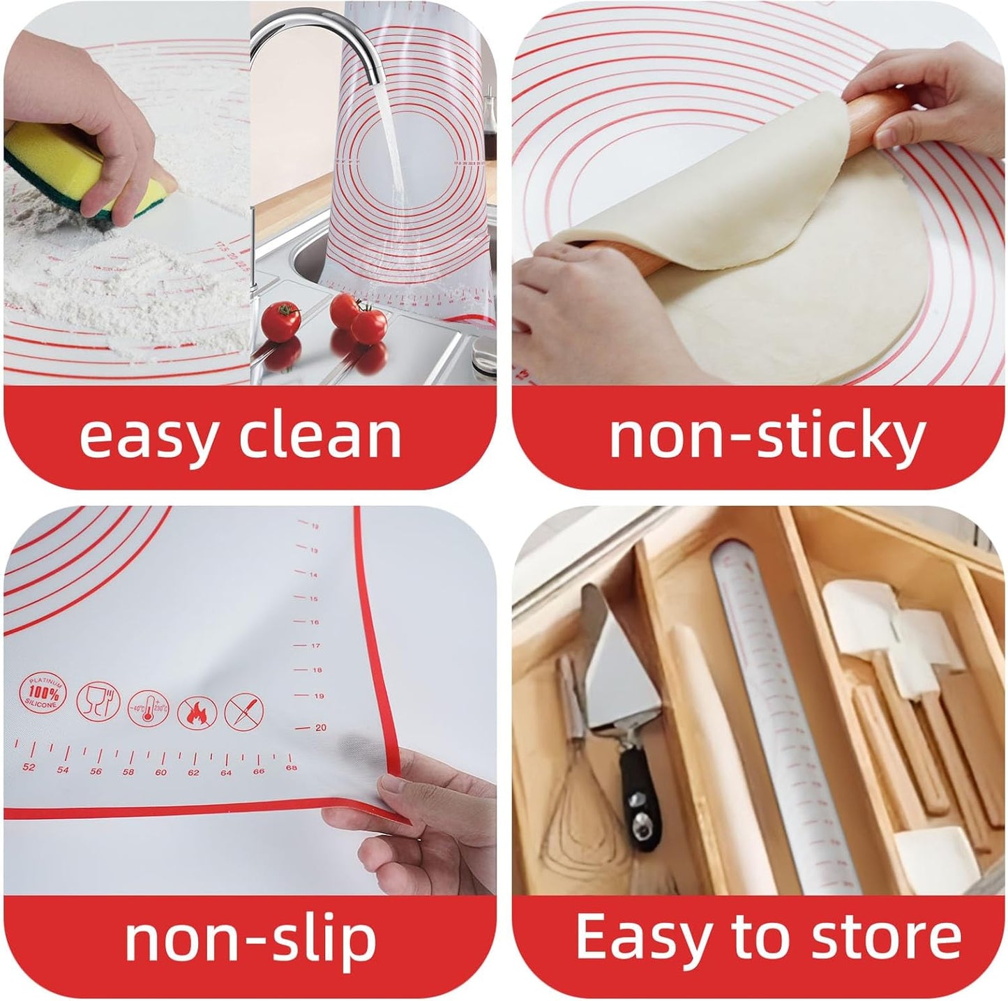 32x24" Extra Large Dough Mat Silicone Baking Mats for Rolling Pastry Kneading Sheet Sourdough Bread Baking Supplies Red