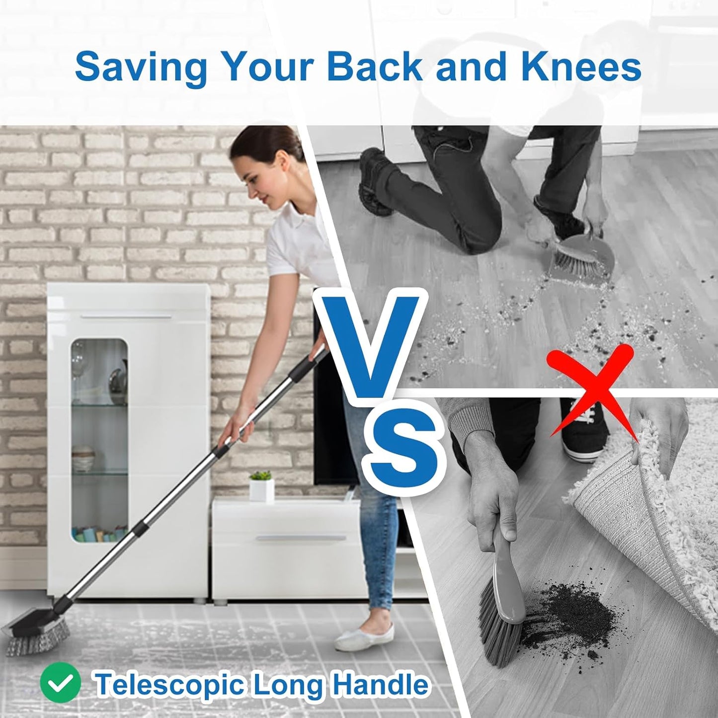 ITTAR Scrub Brush with Long Handle, 10" Wide Stiff Bristles Deck Brush, Heavy-Duty Floor Cleaning Brush, 2-in-1 Scrubber Squeegee Broom for Cleaning Patio, Pool, Kitchen, Garage, Bathroom Floor-Black