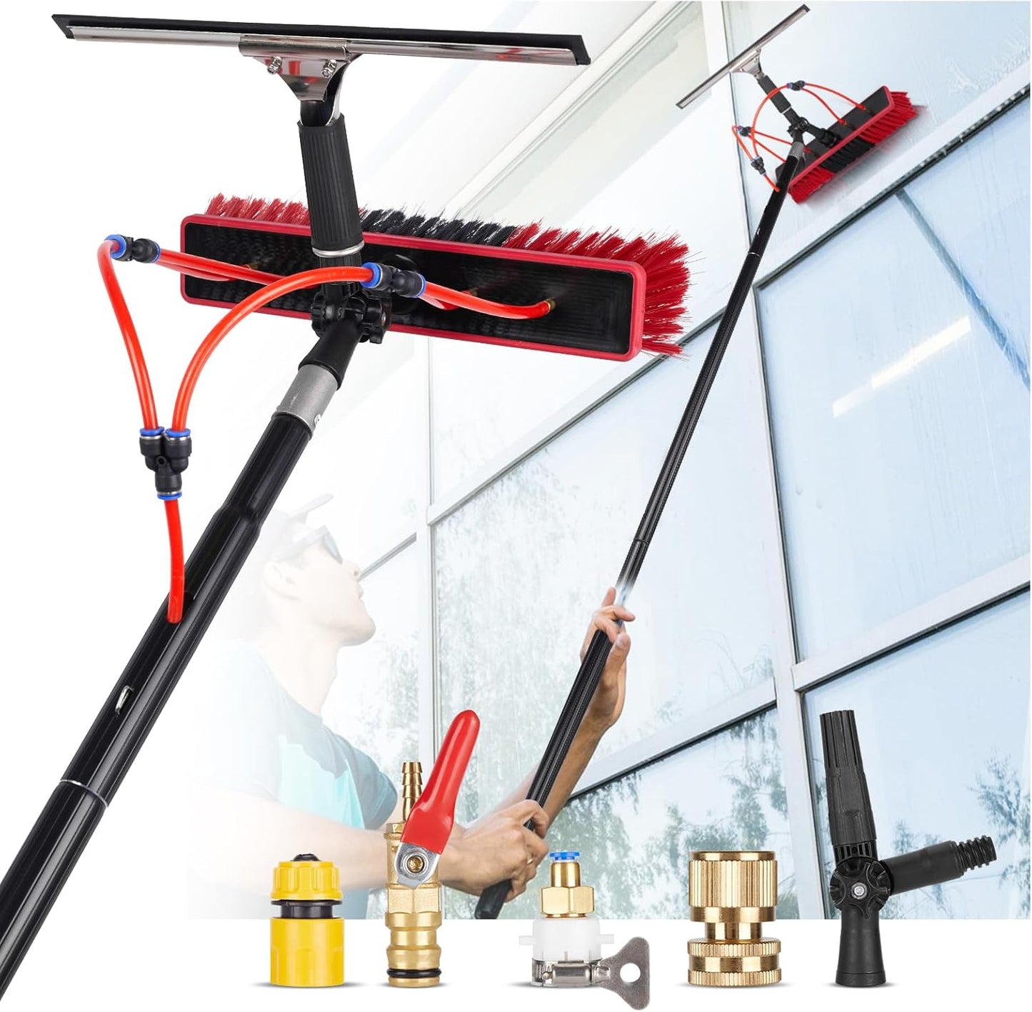 16.5ft Water Fed Pole Kit, Rotatable Solar Panel Cleaning Brush & Squeegee, 2 Dusting Brush, Extendable Black Lightweight Pole for Roof Window