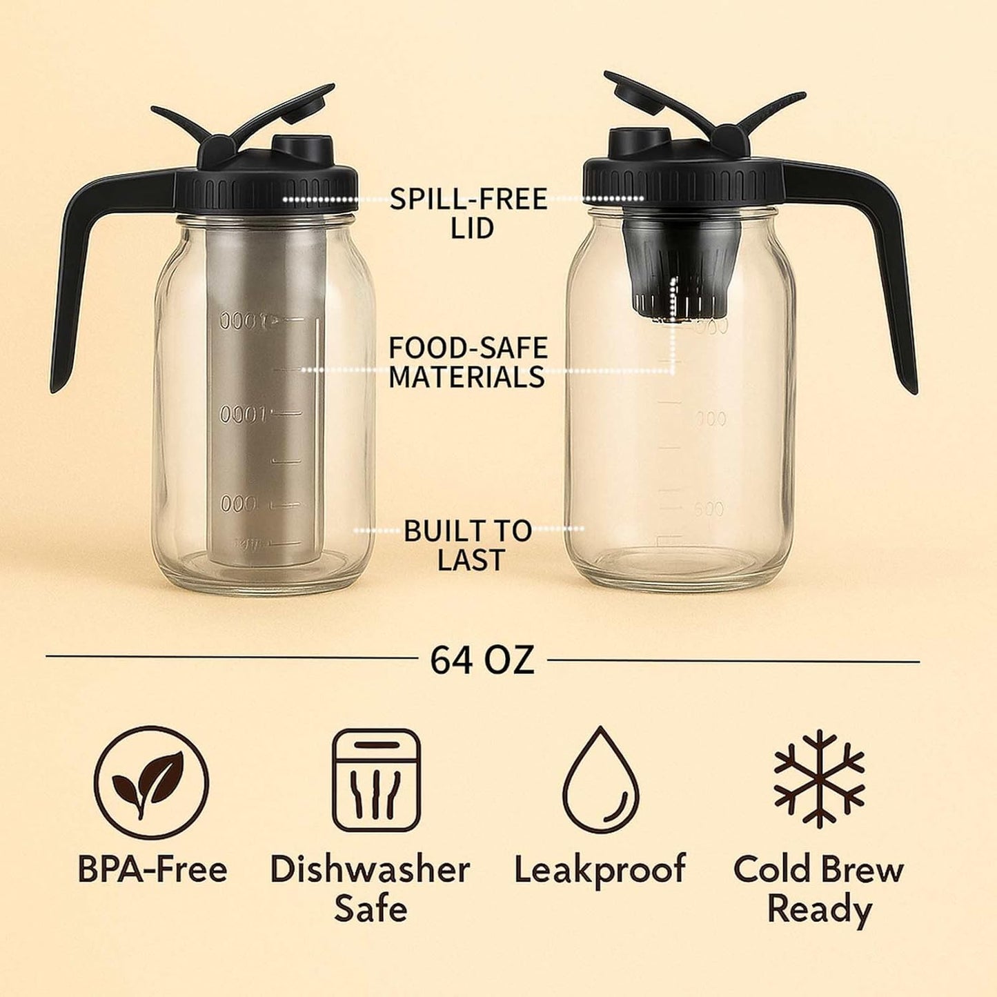 Cold Brew Coffee Maker 64OZ Marson Jars Wide Mouth Glass Picther Spout Lid with Stainless Steel Filter,Leakproof Maker for Iced Tea,Espresso,Lemonade-Black