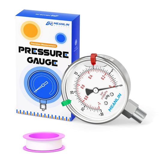 MEANLIN MEASURE -30inHG~0Psi Vacuum Pressure Gauge 316 Stainless Steel Joint 1/4" NPT 2.5" FACE DIAL, Stainless Steel Liquid Filled Pressure Gauge WOG Water Oil Air Lower Mount, 2PCS Snaps