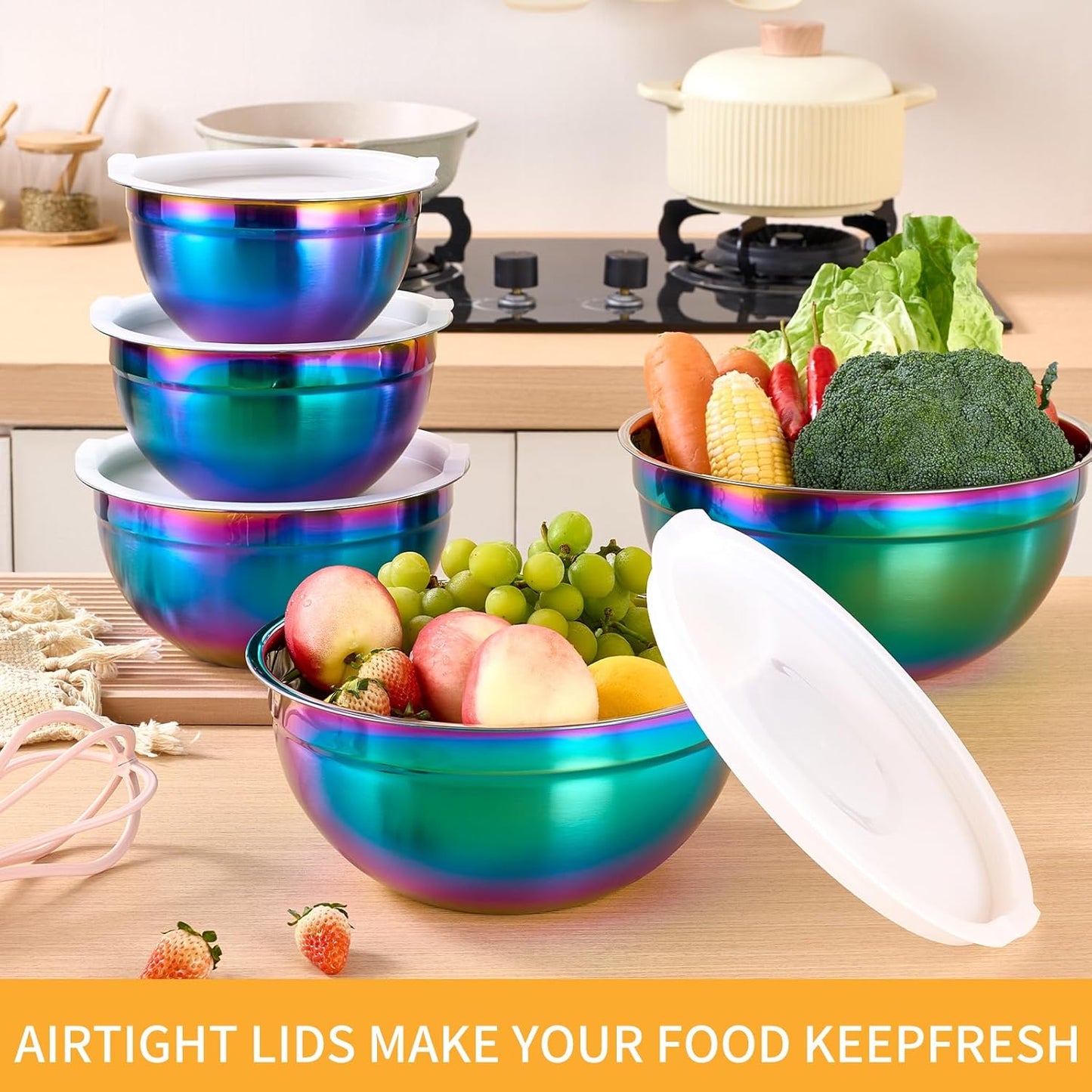 Rainbow Mixing Bowls With Airtight Lids,Stainless Steel Bowl,Salad Bowls 5 Piece Colorful Nesting Bowl Rainbow Kitchen Accessories,Size 5.5,3.6,2.7,2.1,1.5,QT Stackable Design