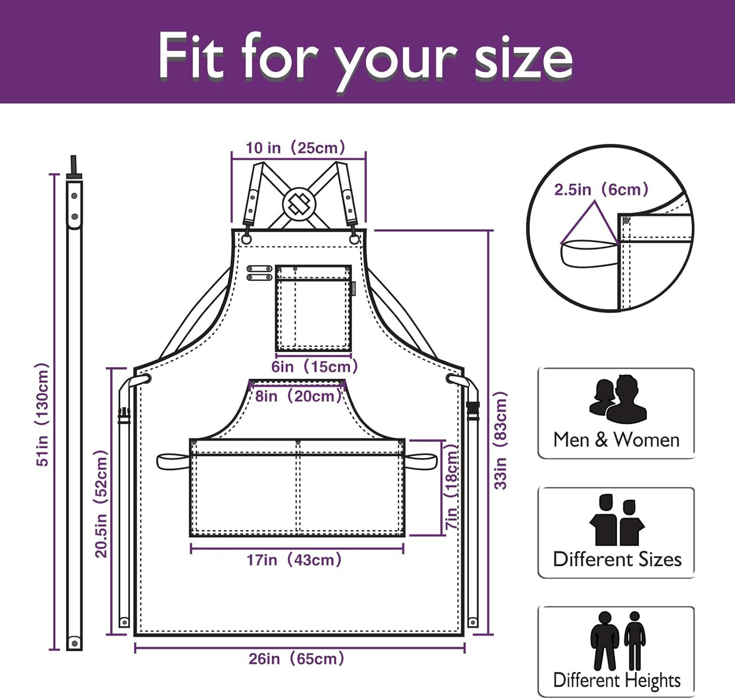 Kitchen Apron, Work Apron, Canvas, Multiple Pockets, Gardening, Painting, BBQ, Artist, Carpenter, Sizes M to XXL, Purple