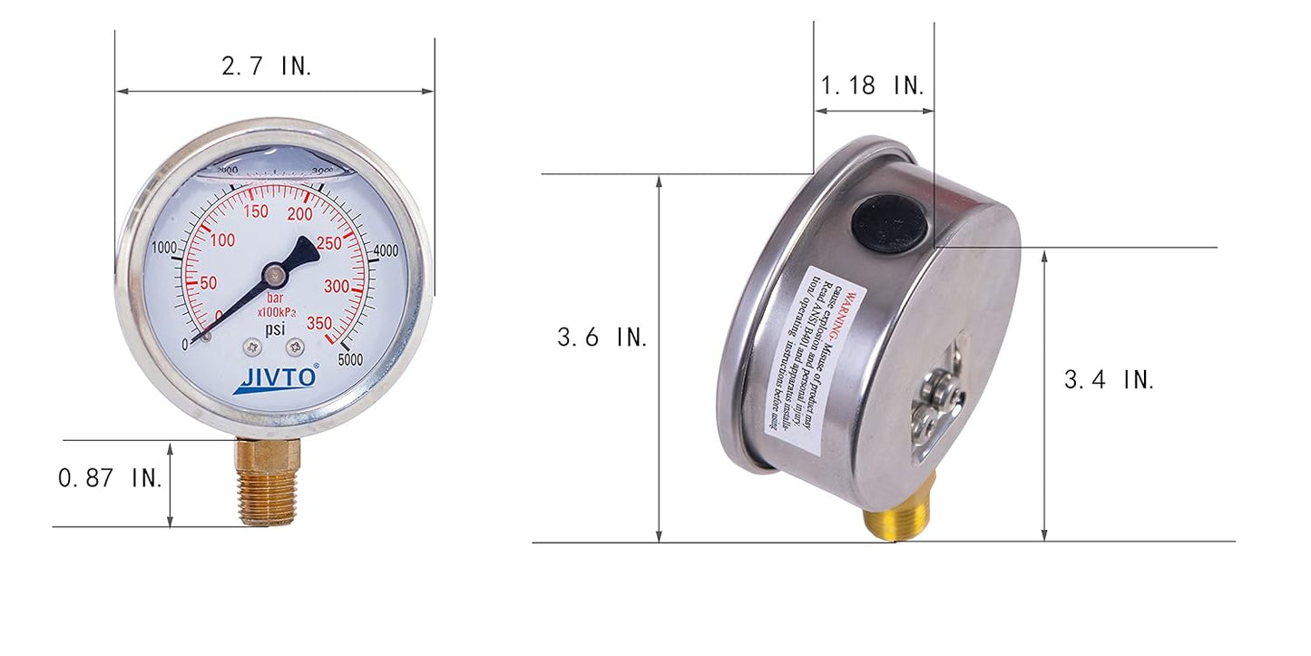 Pressure Gauge,Glycerin Liquid Filled,2.5" Dual Scale Dia,0-5000 psi/bar/kpa,1/4" NPT Male Brass Connection,Lower Mount, Stainless Steel Case,for Pneumatic,Pump,Hose,Well Tank,Gas Air Water Oil
