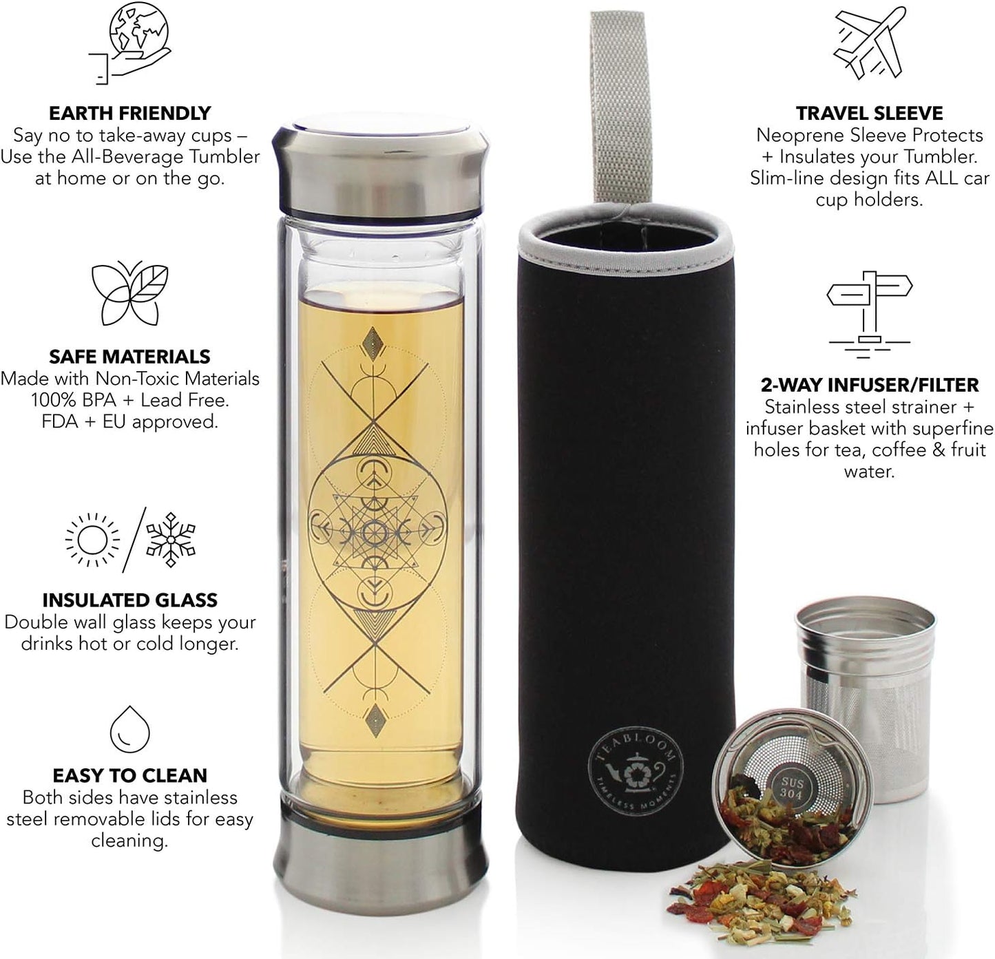 Teabloom All-Beverage Infusion Bottle – 14 oz / 400 ml – Double Wall Insulated Glass Travel Flask – Hot Tea & Cold Brew Coffee Thermos – Removable Sleeve