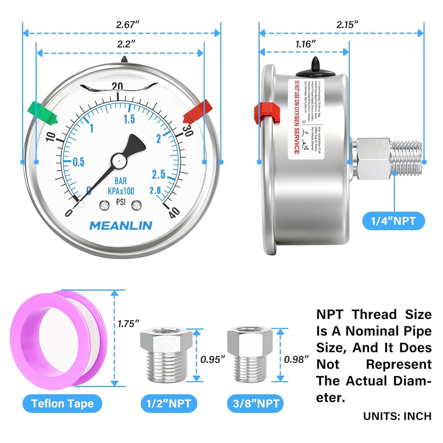 MEANLIN MEASURE 0~40Psi Stainless Steel Liquid Filled Pressure Gauge 2.5" FACE DIAL 1/4" NPT for Pool Sand Filter Water Oil Air Pressure Test Back Mount with Stainless Steel Hex Bushing and Snaps