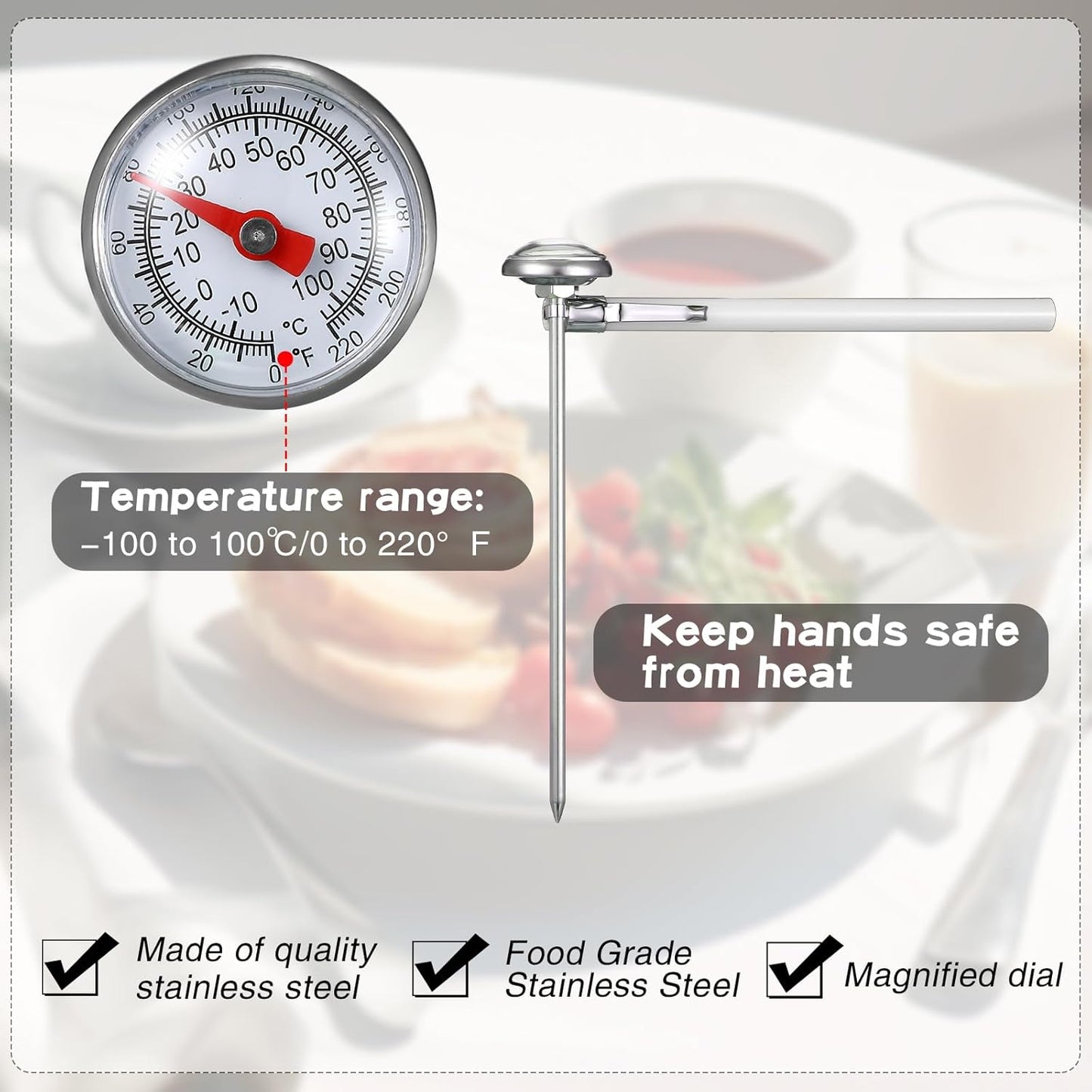 Xuhal 6 Pcs Stainless Steel Kitchen Thermometer with 5 Inch Long Stem 1 Inch Dial Thermometer Milk Frothing Food for Oven Probe Meat Grill BBQ Cooking Chocolate Water(White)