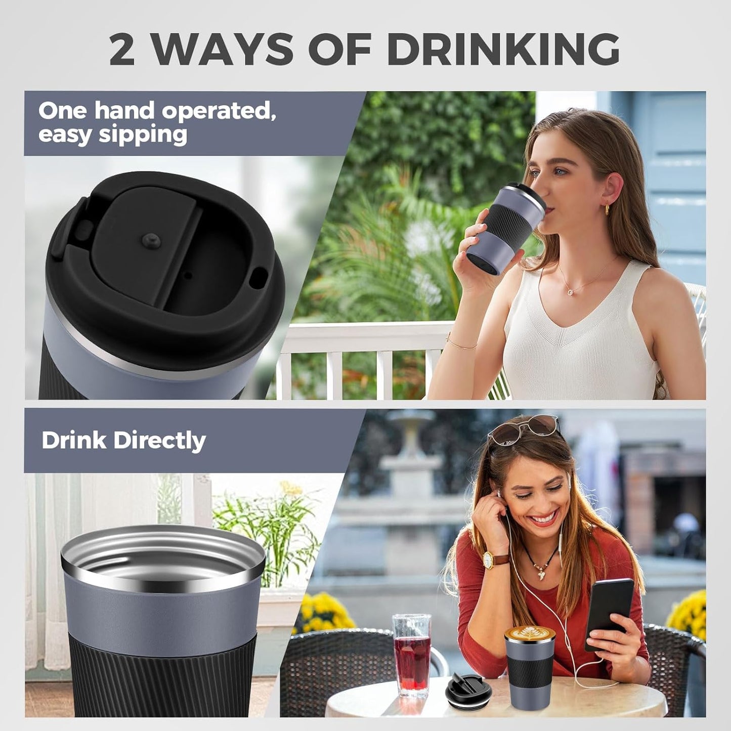 Volhoply 13 oz Stainless Steel Insulated Travel Coffee Mug with Fip Lid Bulk 2 Pack,Reusable Double Wall Vacuum Metal Coffee Cup,Portable Leak Proof Thermal Tumbler for Hot & Cold Drinks(Gray,2)