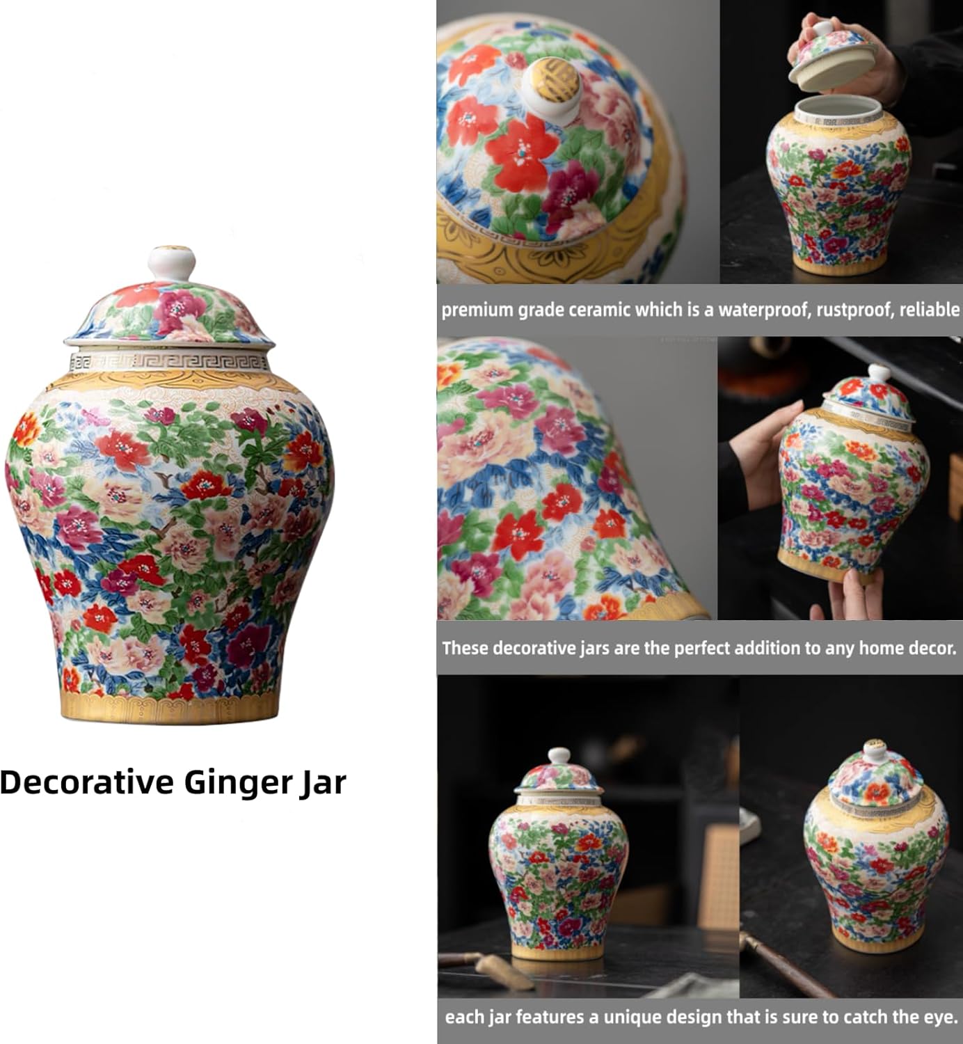 8 inches Ginger Jar with Lid- colored flowers pattern Ceramic Decorative small Ginger Jars， chinoiserie gift Enamel decor jar for Home/Kitchen/Dining/living room/shelf decor/Tea Storage