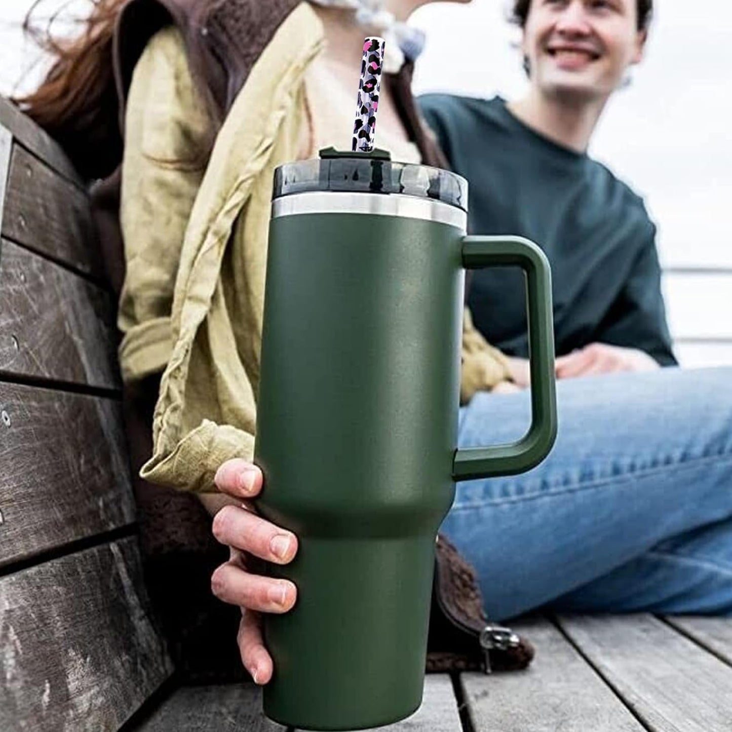 AIERSA 6 Pack Leopard Straw Replacement 40oz for Stanley,Plastic Reusable Straw for Stanley Adventure Quencher Travel Tumbler,Long Straws with Cleaning Brush for Stanley Cup Accessories