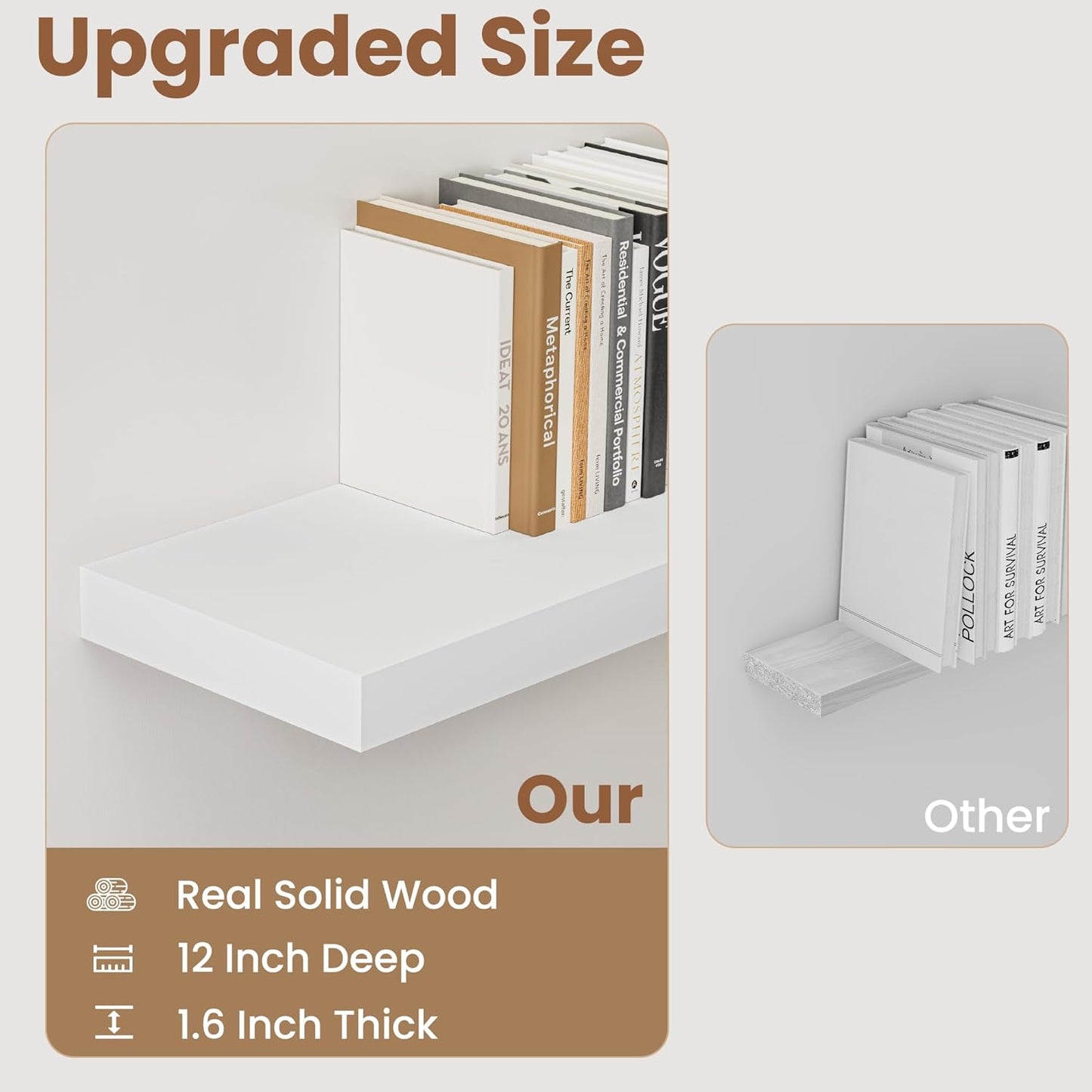 Fun Memories White Floating Shelves for Wall, 16 x 9 Inch Floating Shelf Set of 2, Rustic Natural Wood Wall Shelves, 9" Deep White Bathroom Shelves for Storage & Display