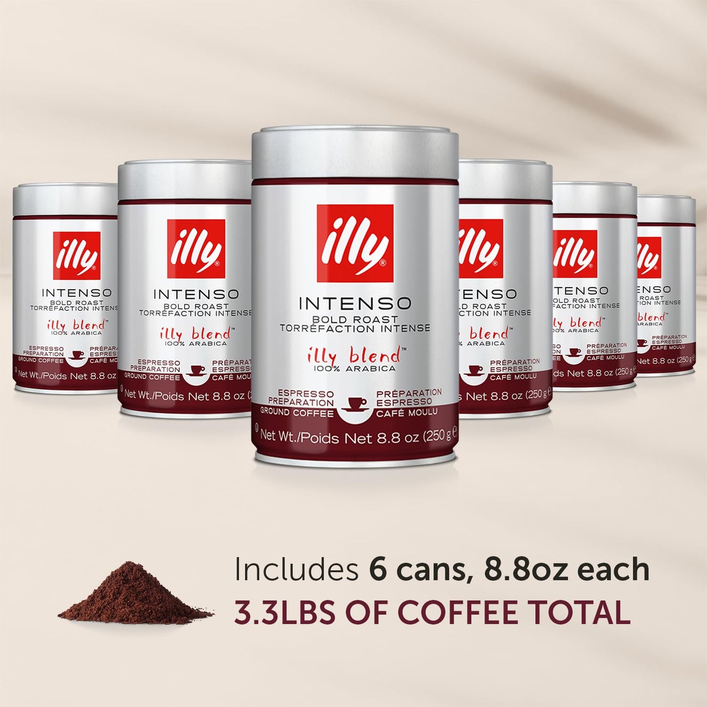 illy Ground Coffee Espresso - 100% Arabica Coffee Ground – Intenso Dark Roast – Warm Notes of Cocoa & Dried Fruit - Rich Aromatic Profile - Precise Roast - No Preservatives – 8.8 Ounce, 6 Pack