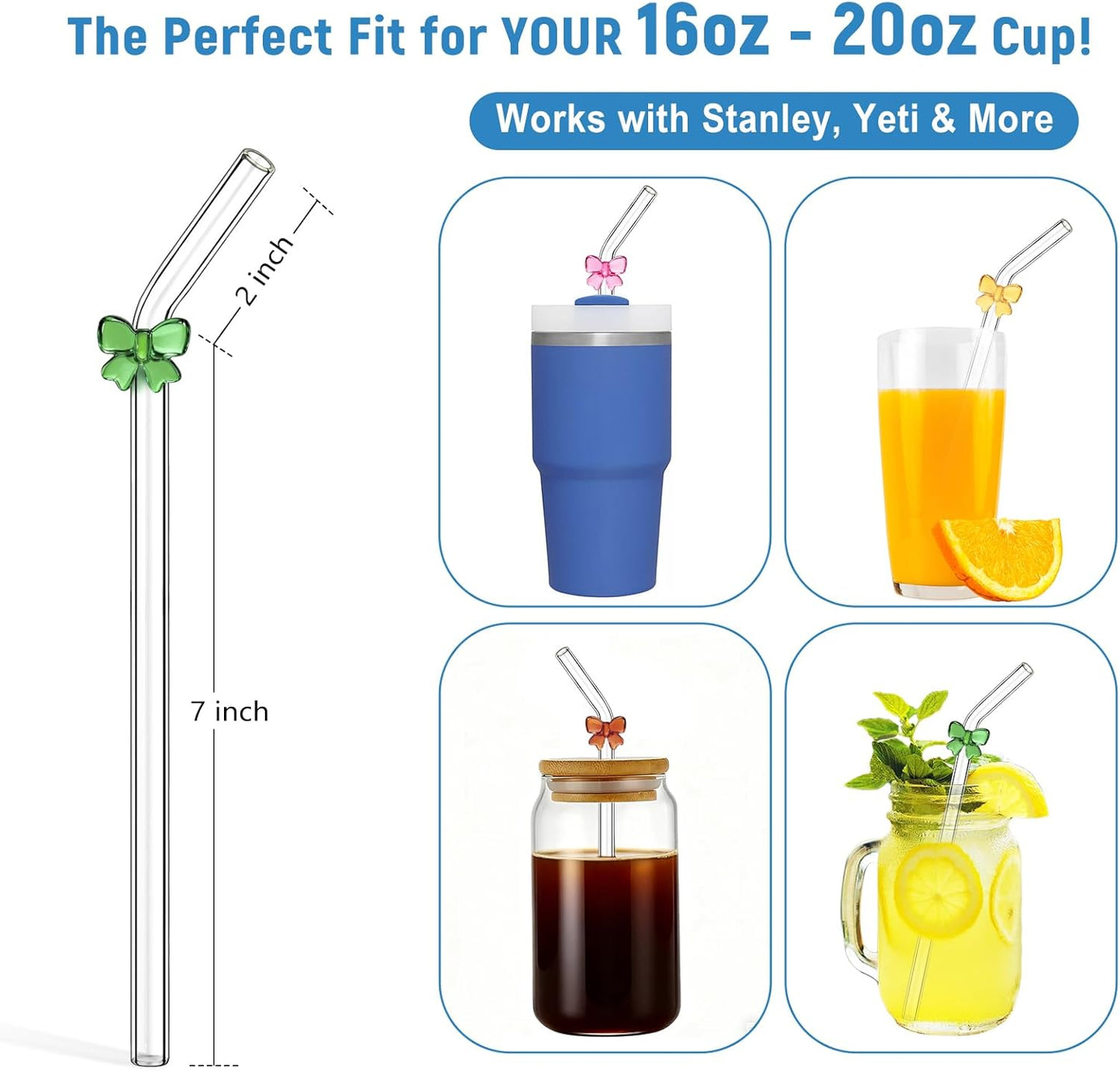 Cute Glass Straws with Charms Bows, 9 Inch 8mm Reusable Clear Glass Straws Bent - thick Borosilicate Drinking Straw Eco Friendly, BPA Free for Hot Drinks, Iced Coffee, 16 oz Tumblers - Include Brushes
