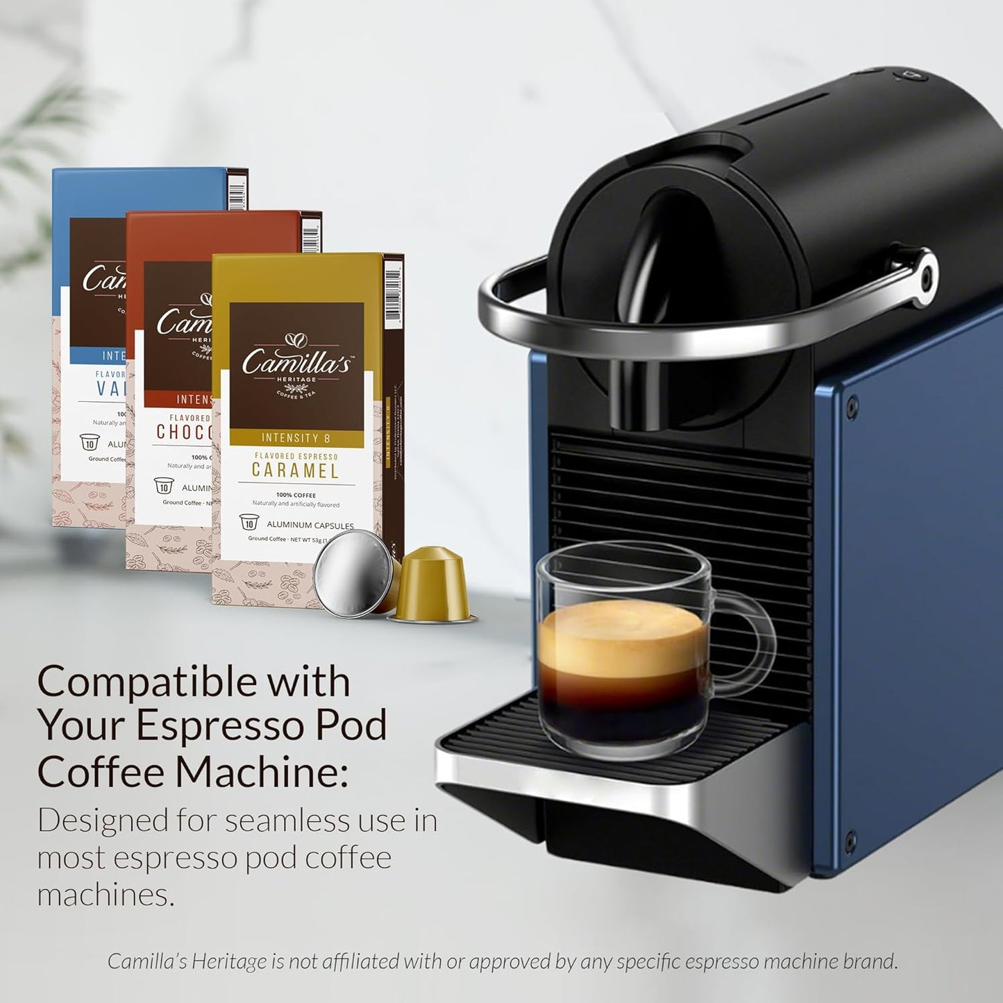 Camilla’s Heritage - Intensity 8 Flavored Espresso Coffee Variety Pack (Gourmet Chocolate, Vanilla & Caramel Espresso Cups) 60 Coffee Pods