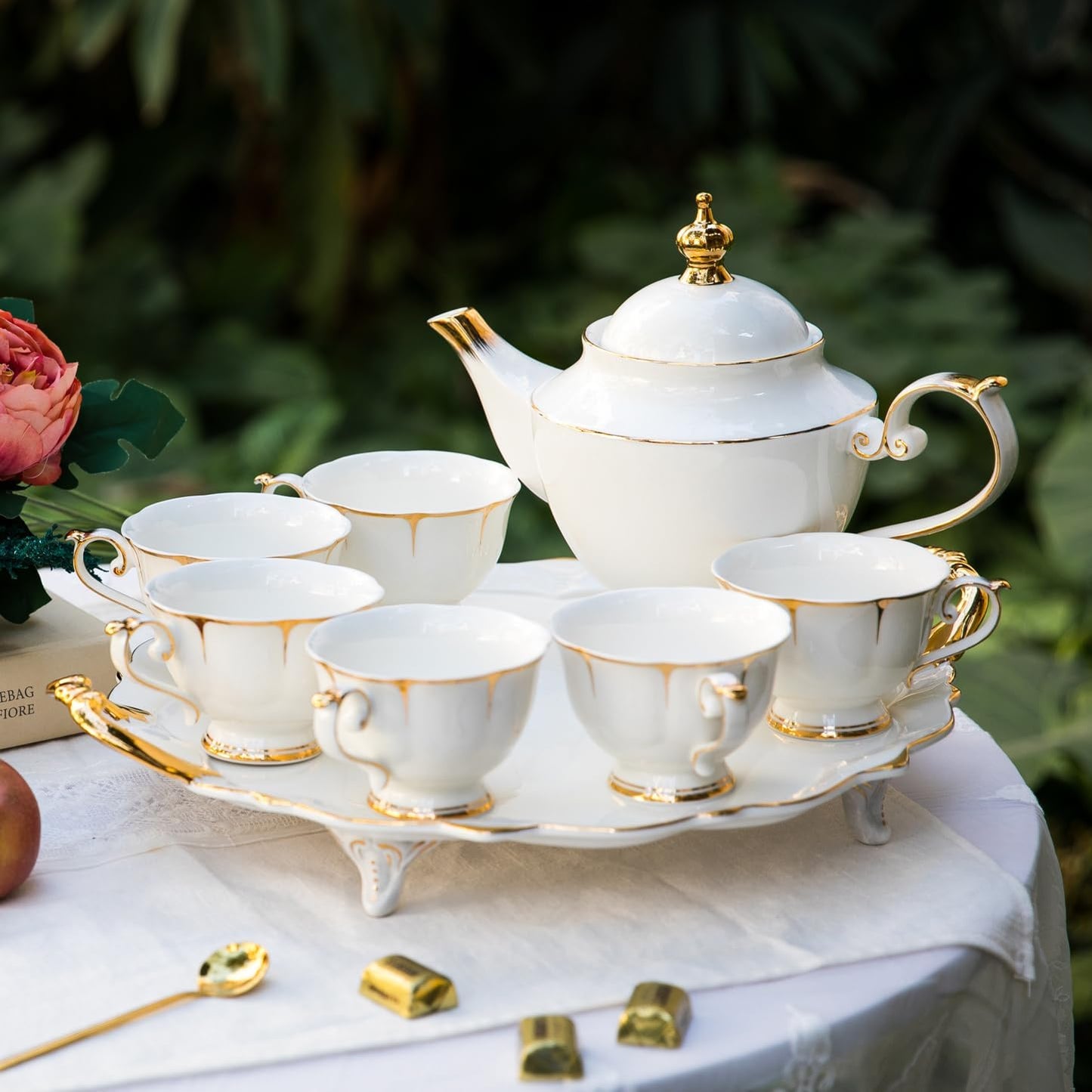 ACMLIFE Tea Sets for Adults Fine Bone China Tea Set for 6, Porcelain Teapot Sets for Adults 24K Gold, Afternoon Modern Cups and Saucers for Women Tea Party or Gifts Giving (White)