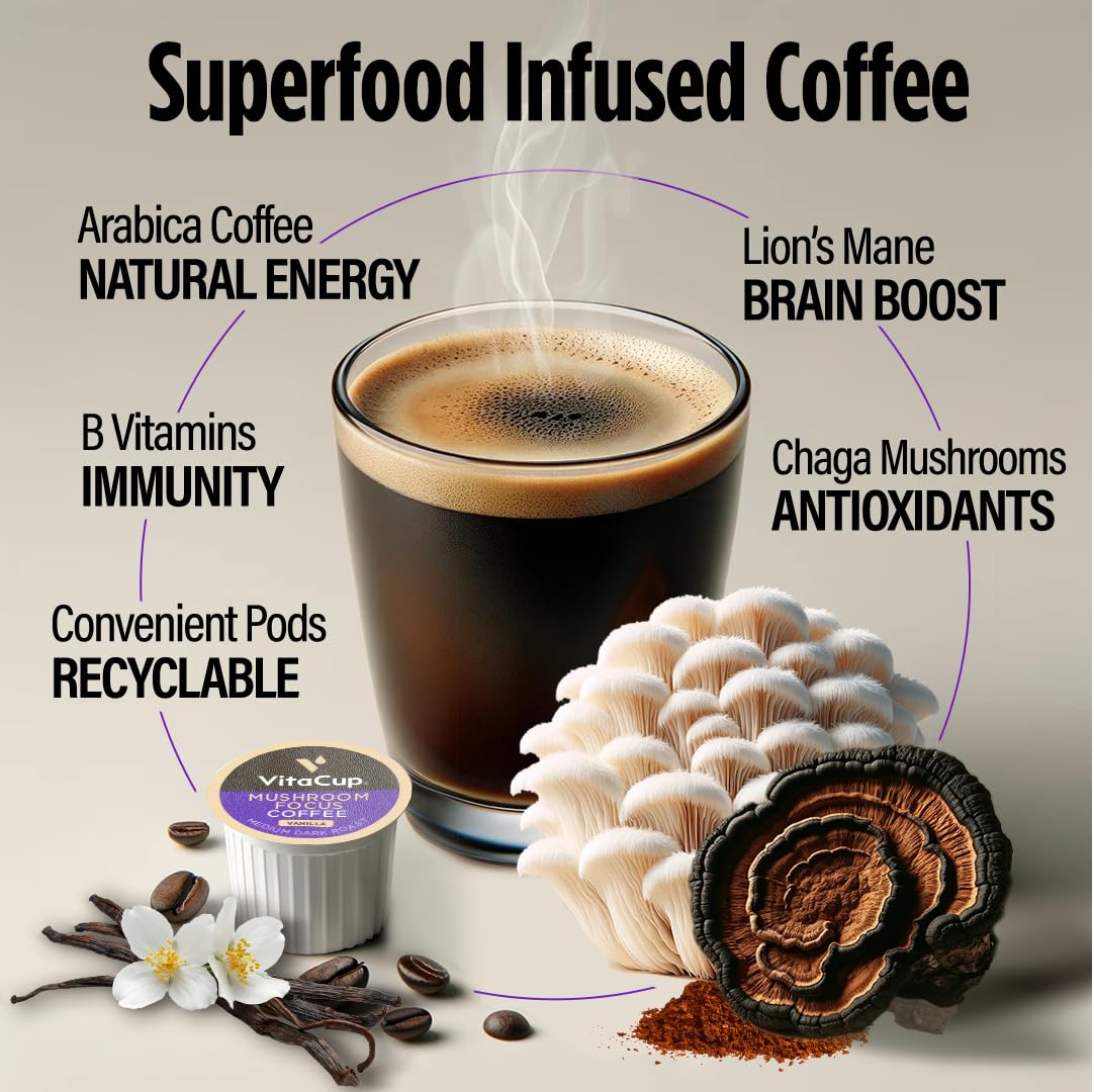 VitaCup Focus Mushroom Coffee Pods, Vanilla Flavored Coffee with Chaga, Lion’s Mane, Vitamins, Medium Dark Roast Arabica Beans, Recyclable Single Serve Pods Compatible with Keurig K-Cup Brewers, 64 Ct