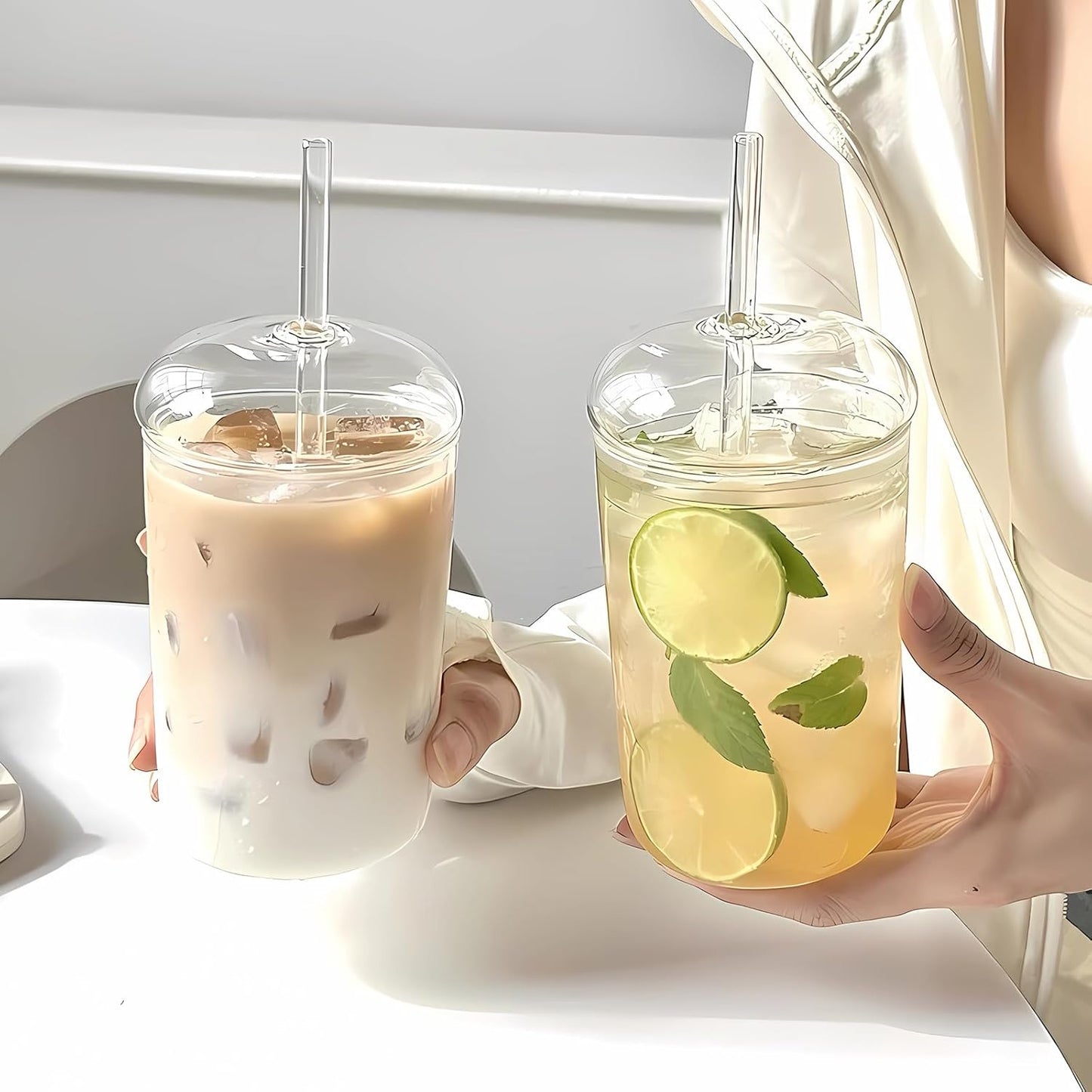 16oz Glass Cup with Glass Lid & Straw - Drinking Glasses for Iced Coffee, Bubble Tea, Matcha, Smoothie, Soda, Water - BPA-Free Glassware with Cleaning Brush, Dishwasher Safe