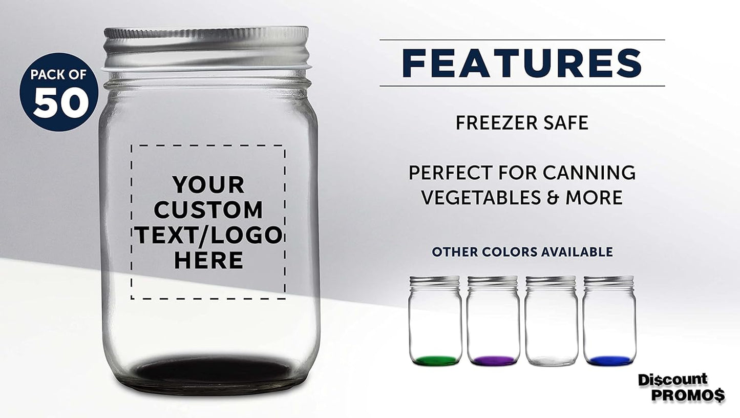DISCOUNT PROMOS 50 Decorating Mason Jars Set, 12 oz. - Customizable Text, Logo - Canning, Aluminum Lid - Black