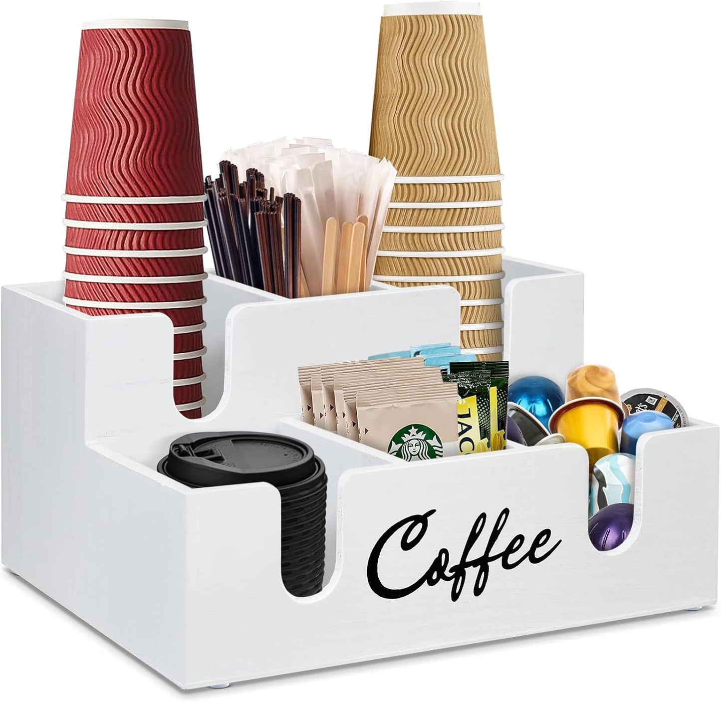 Wooden Coffee Station Organizer - 6 Compartment Lid Holder for Counter, Dispenser for Paper Cups, Condiment Storage
