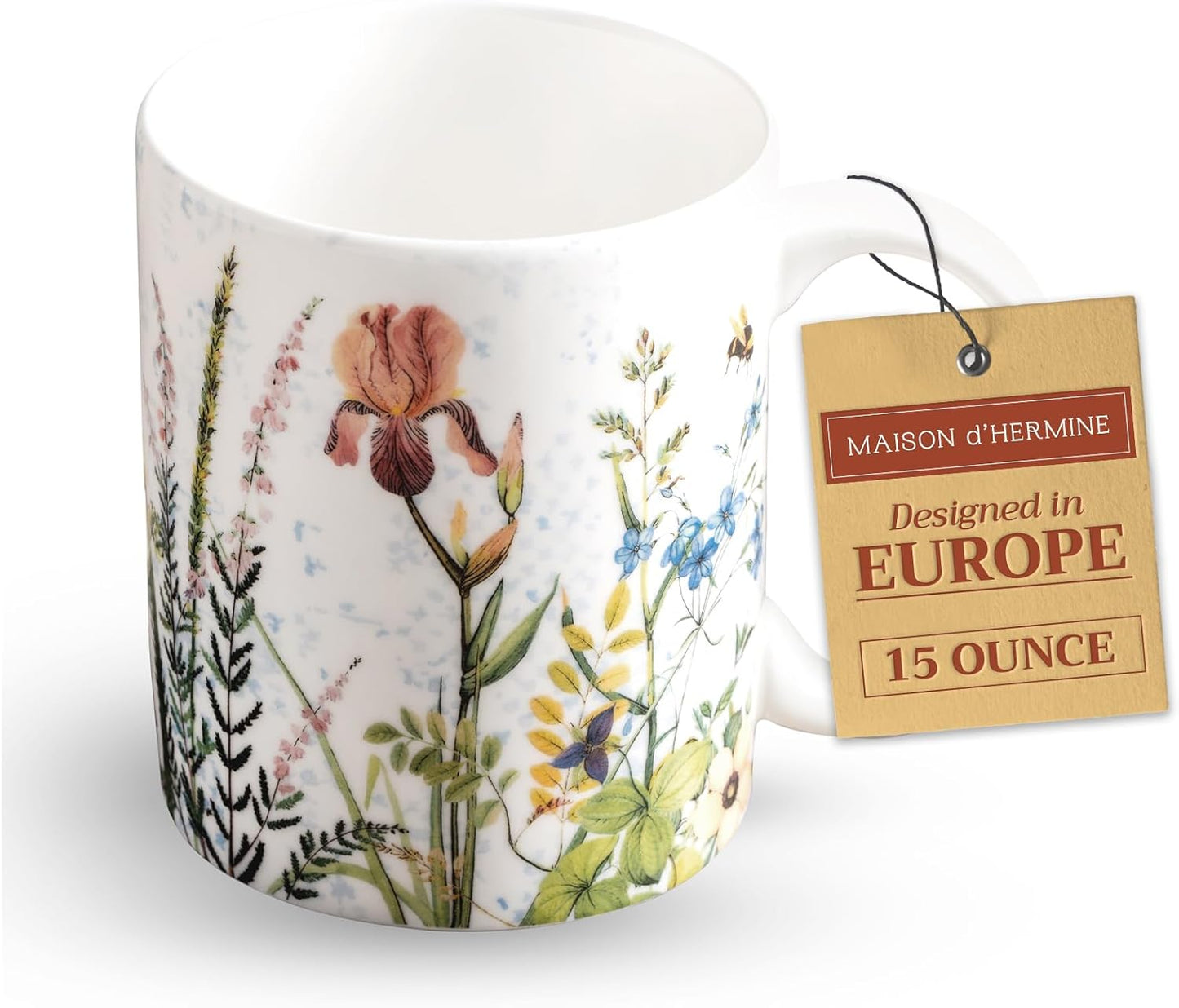 Maison d' Hermine Coffee Mug with Handles Fine Bone China Mugs Pack of One Tea Cups for Hot Beverages Cappuccino Latte Home Restaurant Office Perfect for Gift (Fleurs De Mai - Prairie, 15 Ounce)
