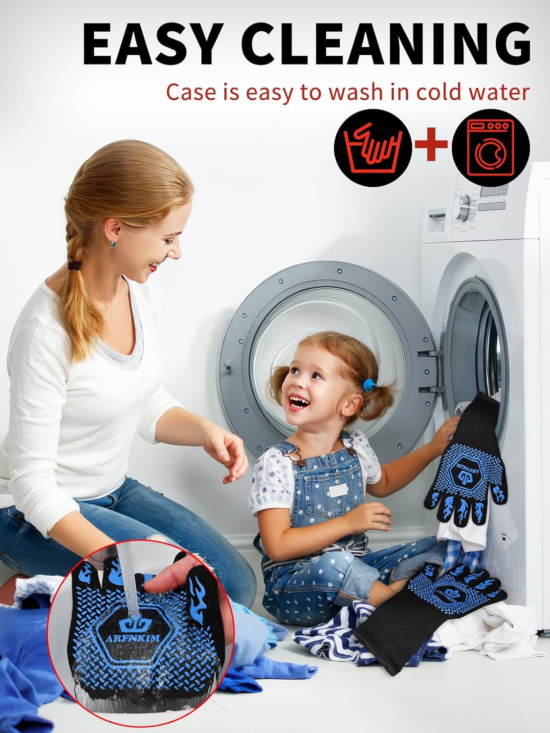 BBQ Oven Gloves, 1472℉ 3-Layers Heat Resistant Oven Mitts Silicone Non-Slip Cooking Gloves for Barbecue, Grilling, Baking, Welding, Smoker (A Pair) (Blue)