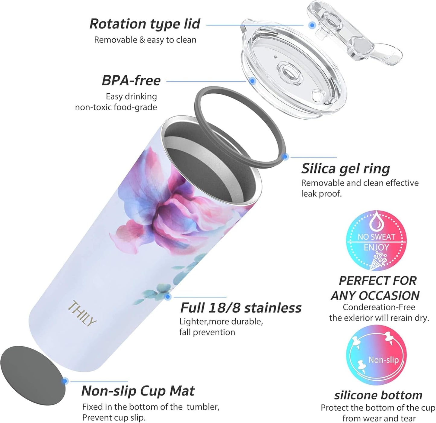THILY Stainless Steel Vacuum Insulated Tumbler Travel Mug 26 oz Coffee Cup with 2 Lids and Straws, Splash Proof, Keep Ice Drinks Cold, Pink Lilies