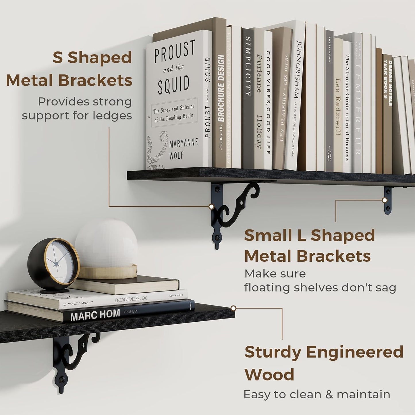 RICHFOCUS Floating Shelves for Wall Decor, 55.1W x 8D Wall Shelves Set of 2, 8 Inch Deep Rustic Wood Shelves Wall Mounted with Brackets, Long Floating Shelves for Living Room Bedroom Kitchen, Black
