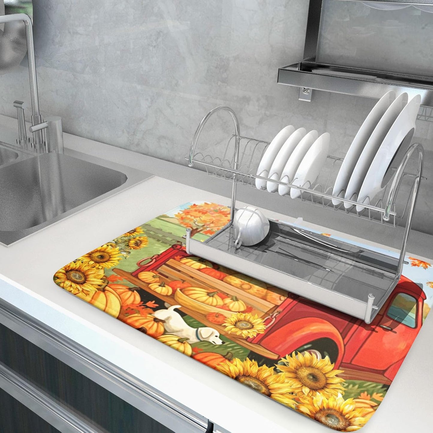 Autumn Pumpkin Red Truck Dish Drying Mat for Kitchen Counter,Fall Leaves Sunflower Cue Dog Harvest Drying Mat 18 x 24 Inch Microfiber Dish Drying Pad Dish Rack Drainer Mat for Coffee Bar