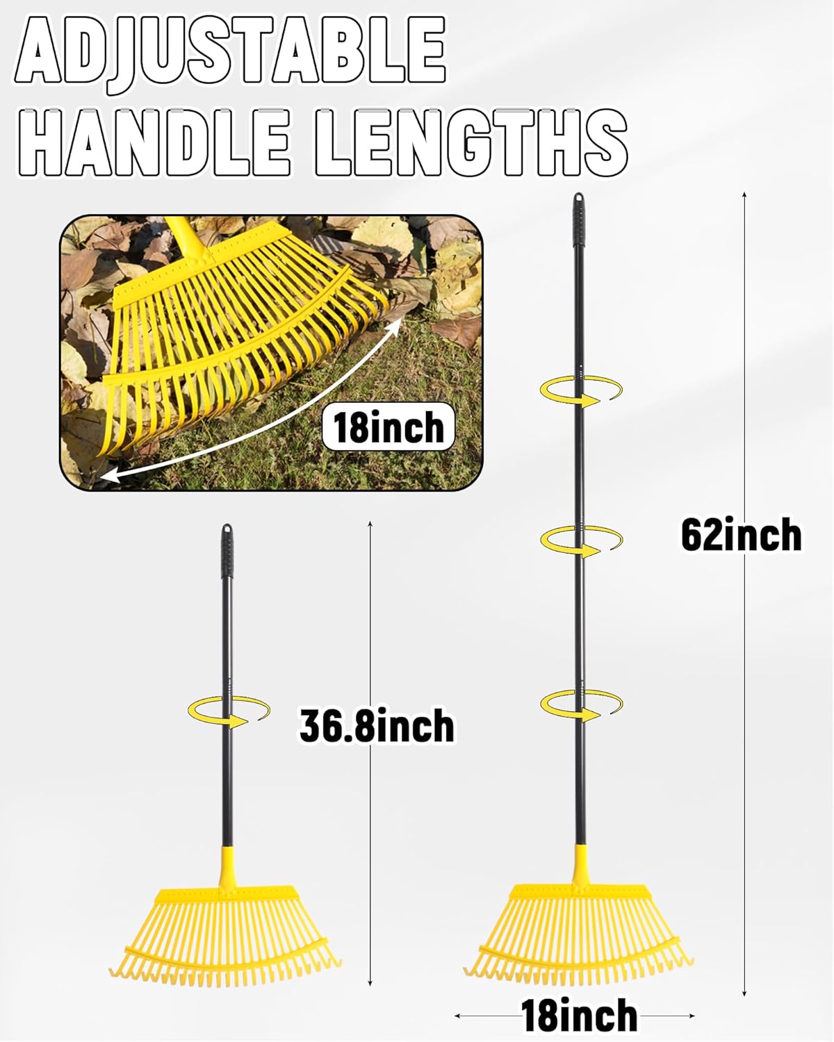 Garden Leaf Rake, 18” Wide Metal Rake with 25 Teeth, 62" Adjustable Long Handle, Heavy Duty Lawn Yard Tool for Leaves, Grass, Shrubs, Debris, Pine Needles, Garden Cleanup Tools for Backyard