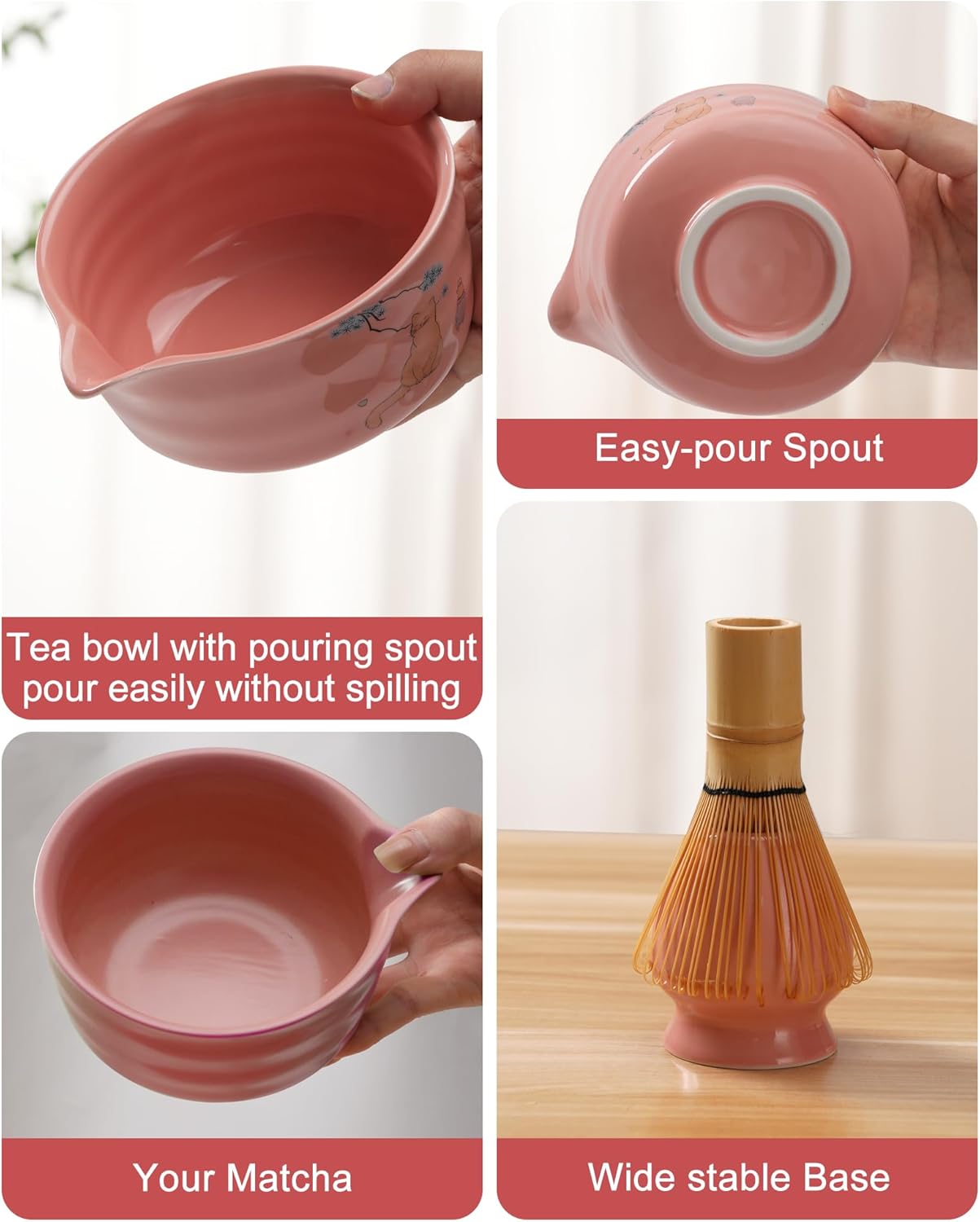 Matcha Set - Japanese Matcha Kit Set 7-Pcs: Ceramic Bowl (Chawan), Matcha Whisk and Holder, Bamboo Scoop, Scoop Rest, Sifter and Towel - Authentic Tea Ceremony Tools for Tea Lovers (Hot Pink)