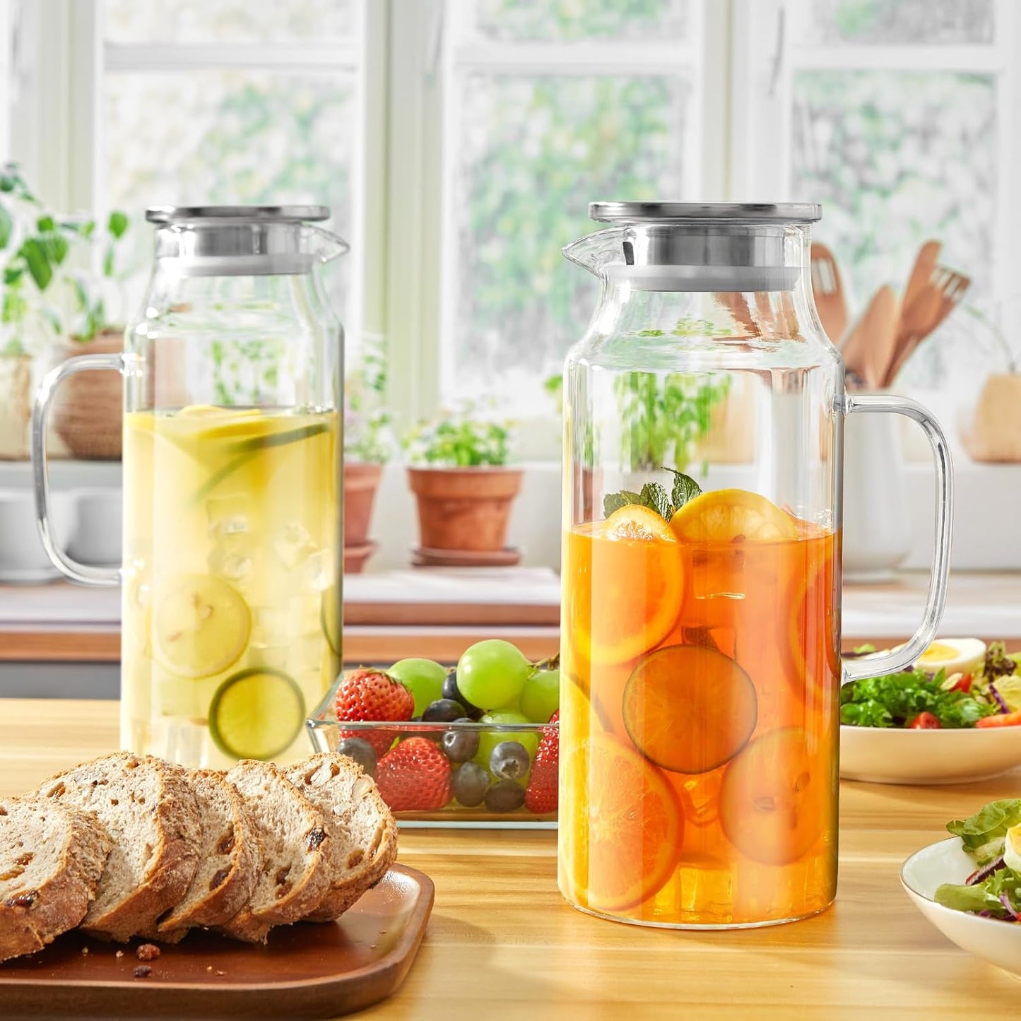 2 Liter 68 oz Glass Pitcher with Lid and Spout, Glass Water Pitcher for Fridge, Glass Carafe for Hot/Cold Water, Large Jug for Iced Tea, Coffee, Juice and Homemade Beverage