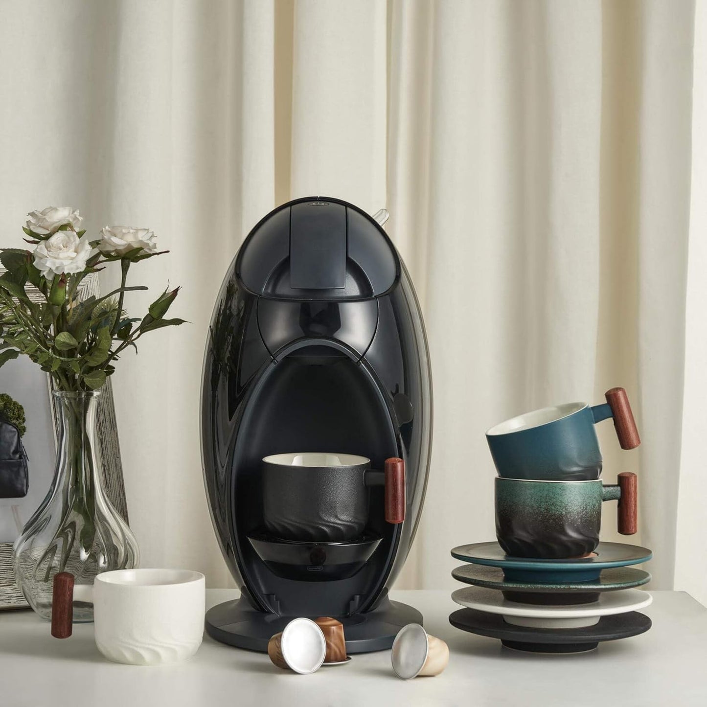 6 Oz Ceramic Espresso Mugs with Wooden Handle, Demitasse Cups for Double Shot Latte Cappuccino Lungo Tea Bag Beverage, Espresso Cups Set of 4