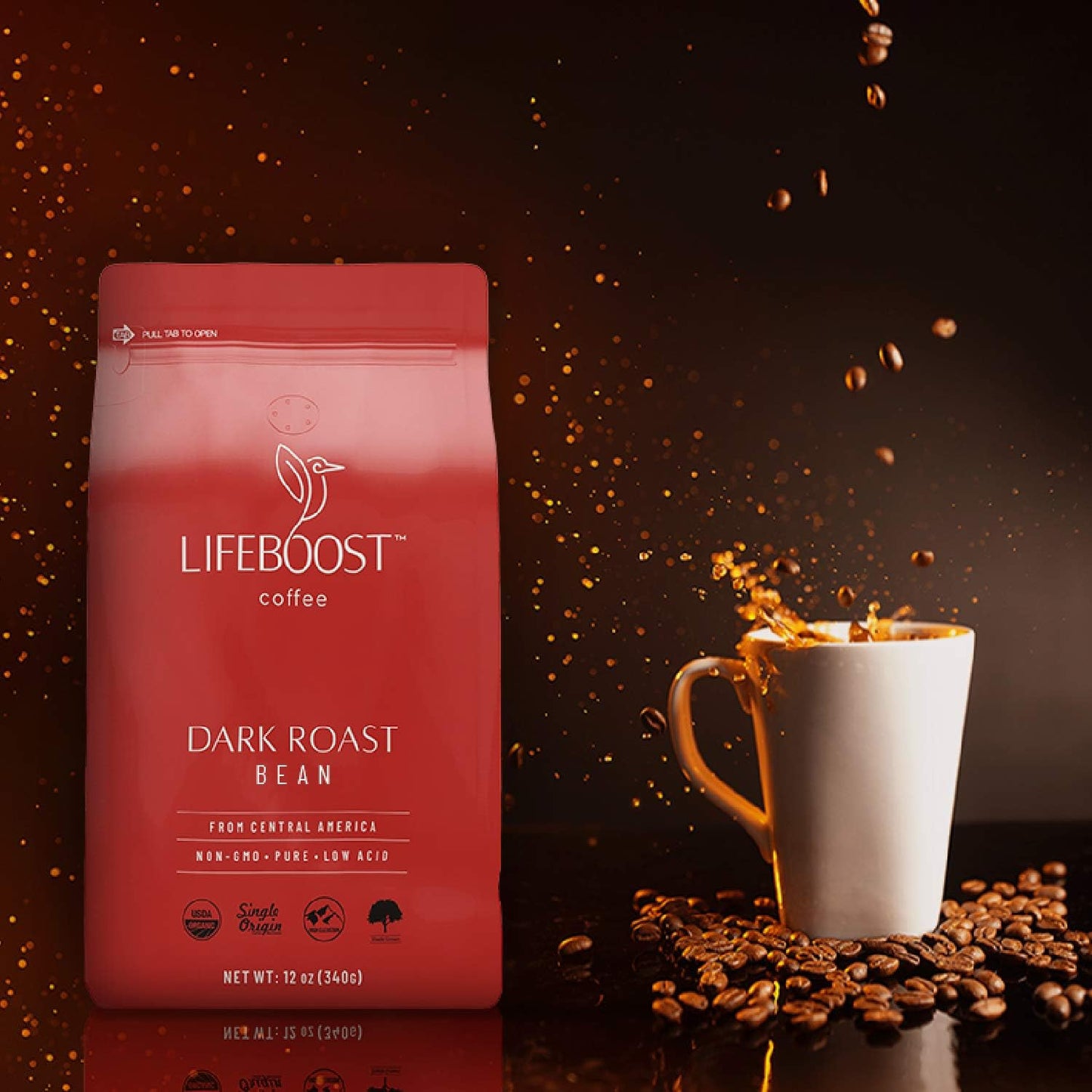 Lifeboost Dark Organic Coffee Beans - Single Origin Non-GMO Dark Roast Low Acid Coffee Beans - Third Party Tested For Mycotoxins & Pesticides - Whole Bean - 12 Ounces