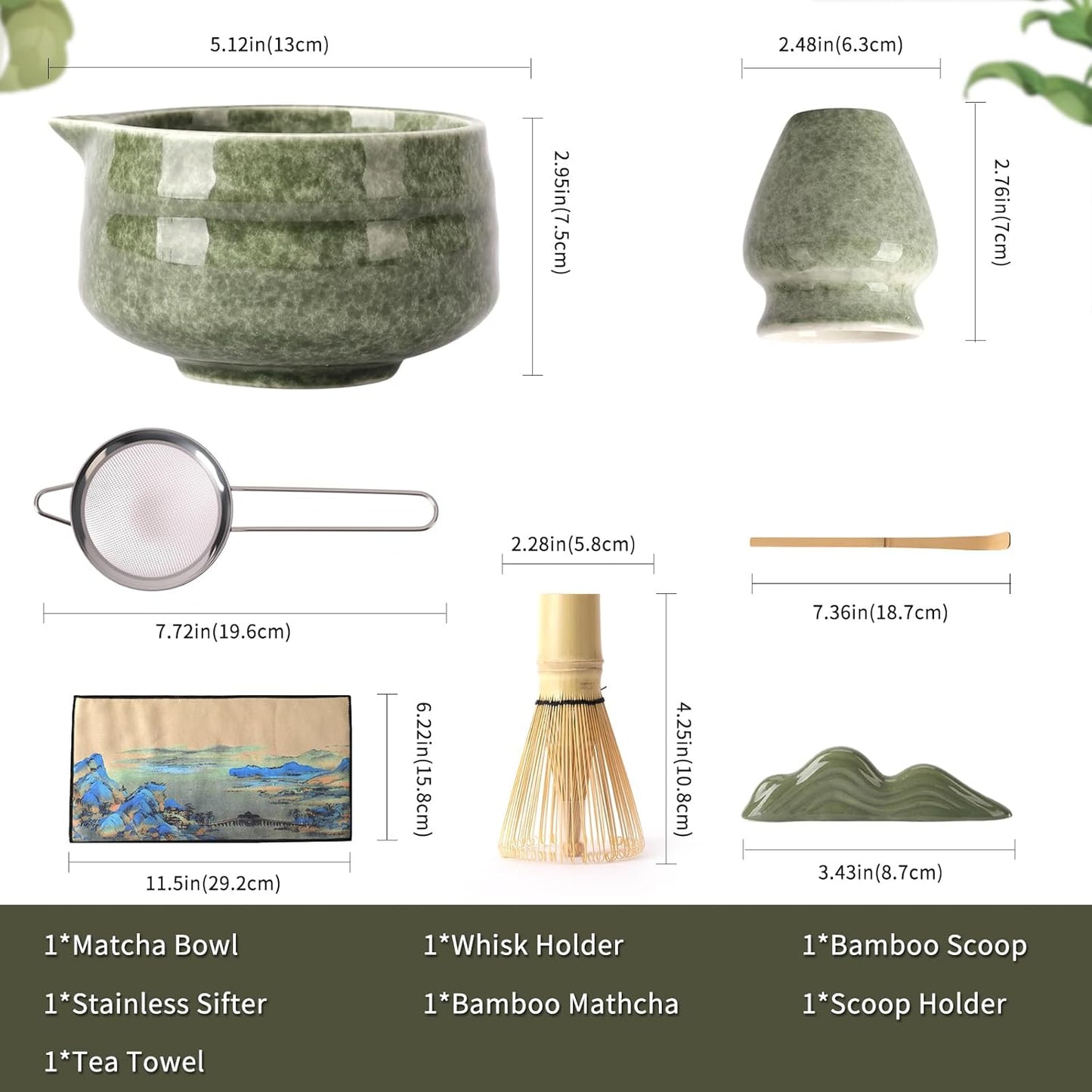 Japanese Matcha Whisk Set - 7-Piece Kit Bamboo Chasen, Ceramic Bowl with Spout, Stainless Steel Sifter & Holder Green