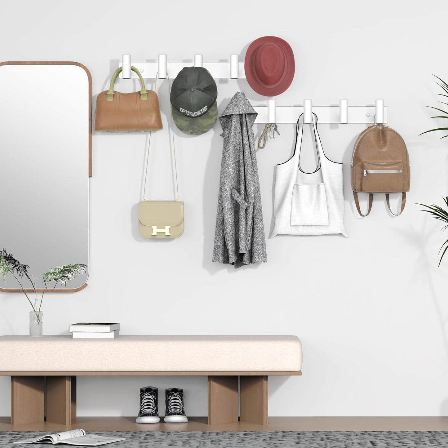 VAEHOLD Hat and Coat Wall Mount Rack - Hooks for Robes, Bags, Keys, and Towels - Bathroom Towel Hanger Organizer (White, “T“ Shape 5 Hooks 2 Pack)