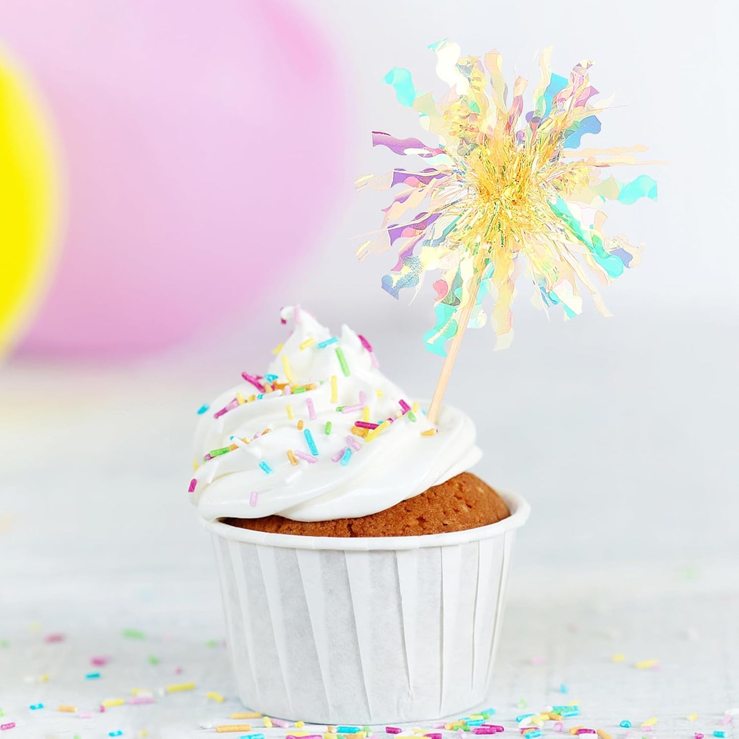30 PCS Foil Firework Cupcake Toppers Sparkle Tinsel Cupcake Picks Happy Birthday Cake Decorations Drink Stirrers Cocktail Food Fruit Toothpicks for Baby Shower Graduation Party Supplies Yellow