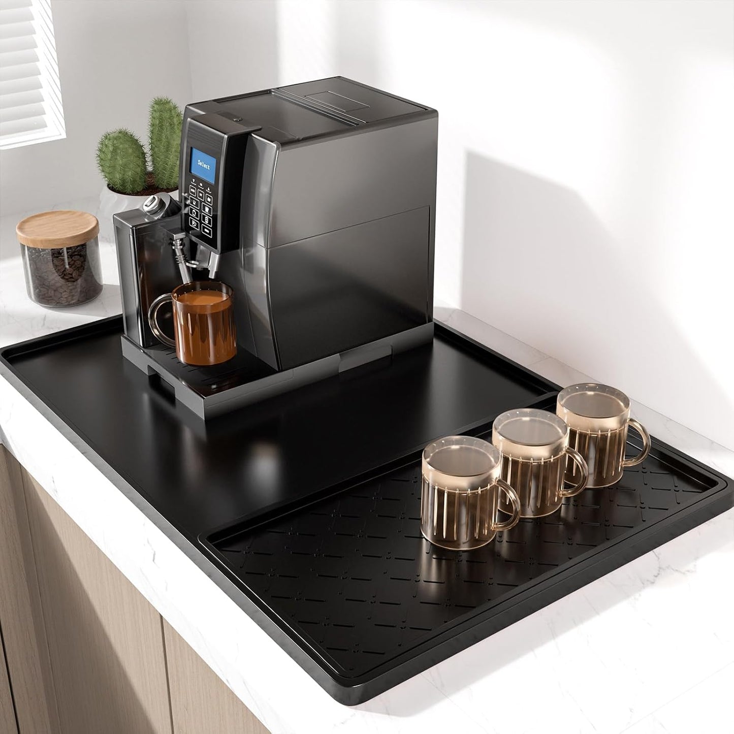 Rnivvi Silicone Coffee Mat, 16" x 24" Waterproof Raised Edge Coffee Bar Mats for Espresso Machine Station Accessories, Heat Resistant Detachable Dish Drying Pad for Kitchen Counter, Dish Rack, Black